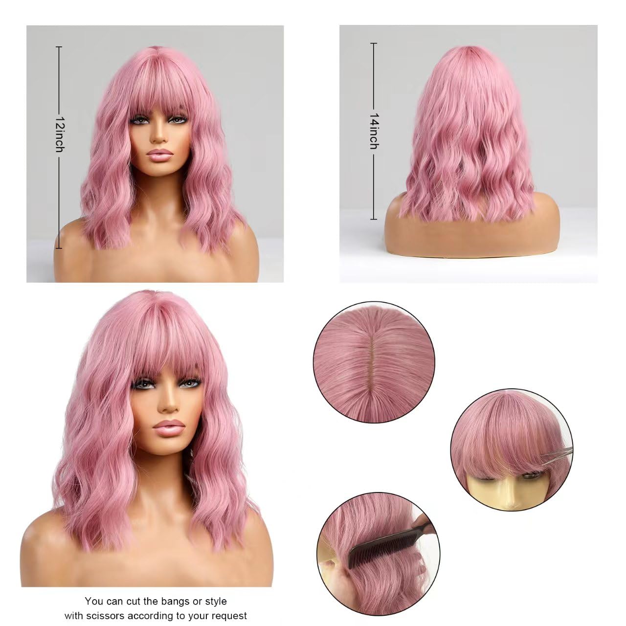 VAIRETY Short Wave Pink Wigs With Bangs, 14 inch Bob Purple Wig with Air Bangs, Curly Fringe Heat Resistant Synthetic Wig, Shoulder Length Wig For Girl Wigs for Christmas Purple Pink