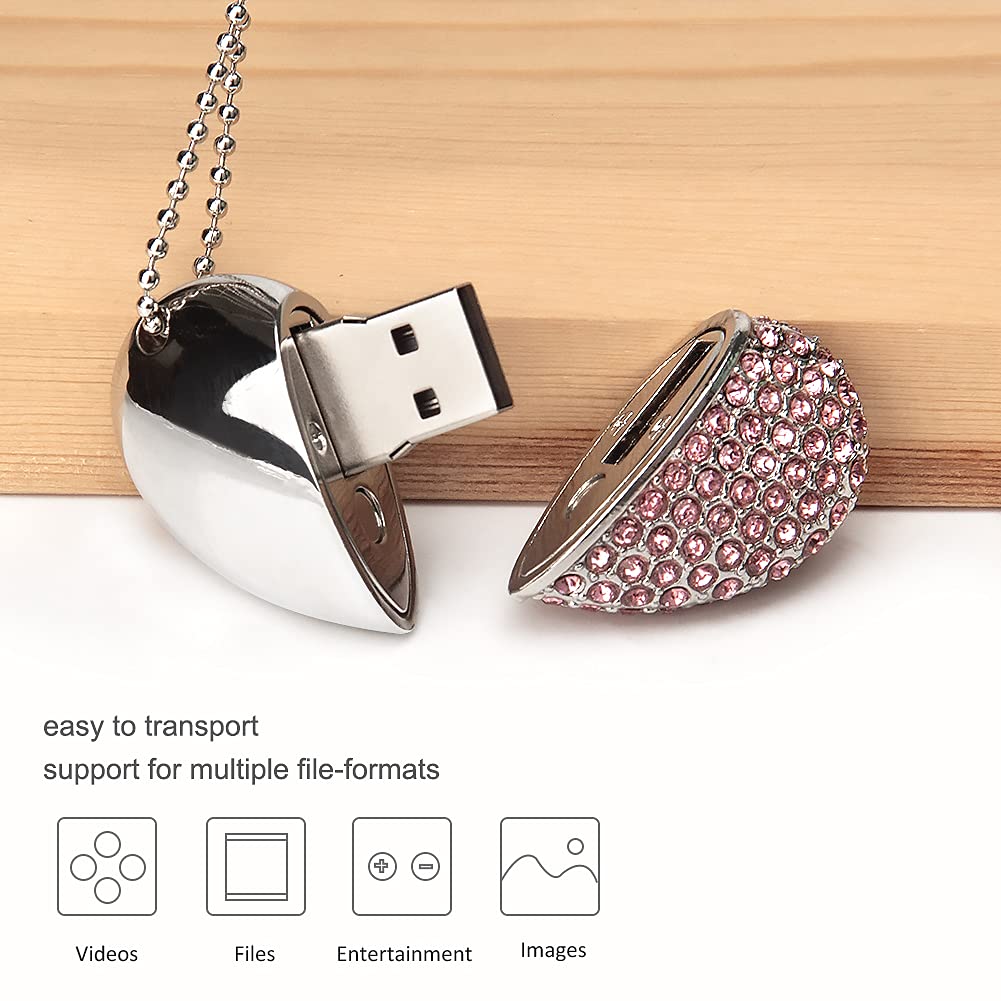 32GB USB Flash Drives with Box, Heart Diamond Shaped Waterproof Pendrive USB Memory Stick, Romantic Gifts for Wife Child Friend (32GB, Pink with Box) 32GB