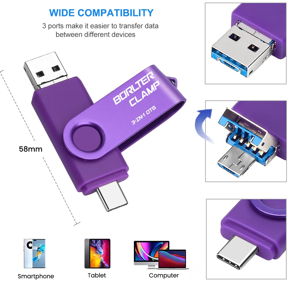 128GB USB 3.0 Flash Drive 3 in 1 Photo Stick for Android Phones, BORLTER CLAMP OTG Memory Stick with 3 USB Ports (USB C, microUSB, USB-A) for Samsung Galaxy, Tablet, PC and More (Purple) 128GB Purple