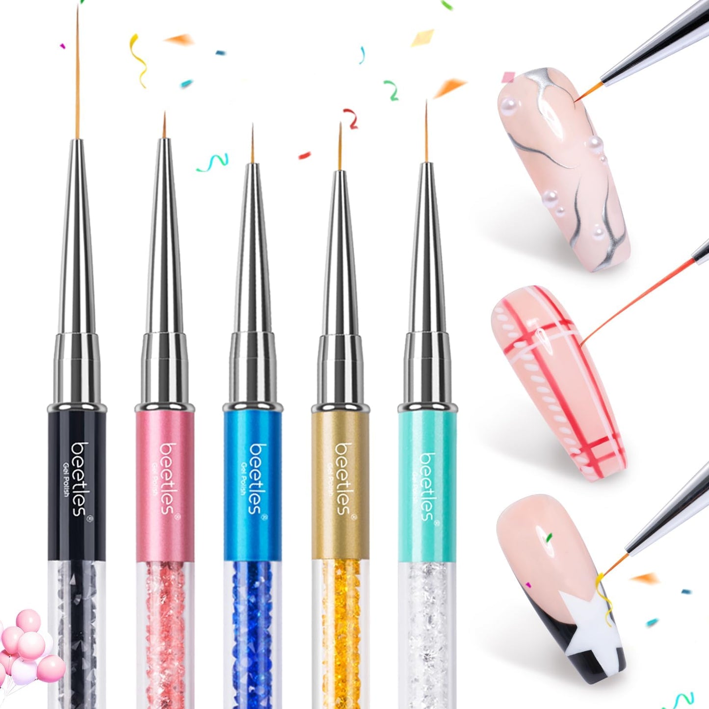 Beetles Nail Art Liner Brushes, Nail Gel Polish Painting Nail Art Design Brush Pen Set Diamond application Rhinestone Handle, Nail Dotting Painting Drawing Pen Sizes 5/7/9/11/20mm, 5Pcs Liner Brushes 5pcs