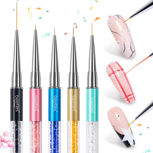 Beetles Nail Art Liner Brushes, Nail Gel Polish Painting Nail Art Design Brush Pen Set Diamond application Rhinestone Handle, Nail Dotting Painting Drawing Pen Sizes 5/7/9/11/20mm, 5Pcs Liner Brushes 5pcs