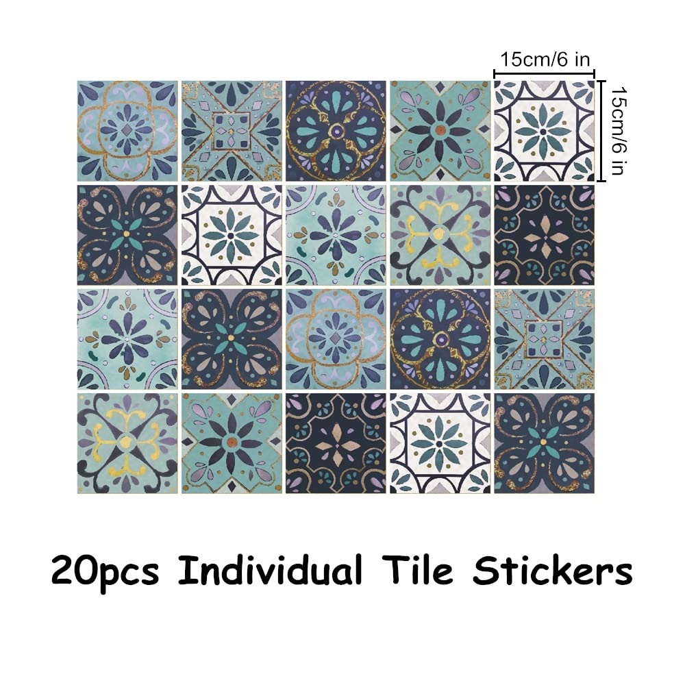 20pcs Teal Moroccan Style Tile Stickers, Kitchen Bathroom Wall Tile Stickers Peel and Stick on Tile Transfers Covers Decals Self Adhesive Vinyl Waterproof Green Pastel Mosaic (15cm x 15cm, 6x6 inches)