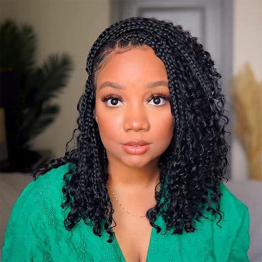 XTREND 14Inch 8Packs Boho Box Braids Crochet Hair with Curly Ends 16strands/pack Pre Looped Black Messy Goddess Box Braids Hair Extensions Individual Synthetic Bob Goddess Locs Hair 14 Inch (Pack of 8) 1B#