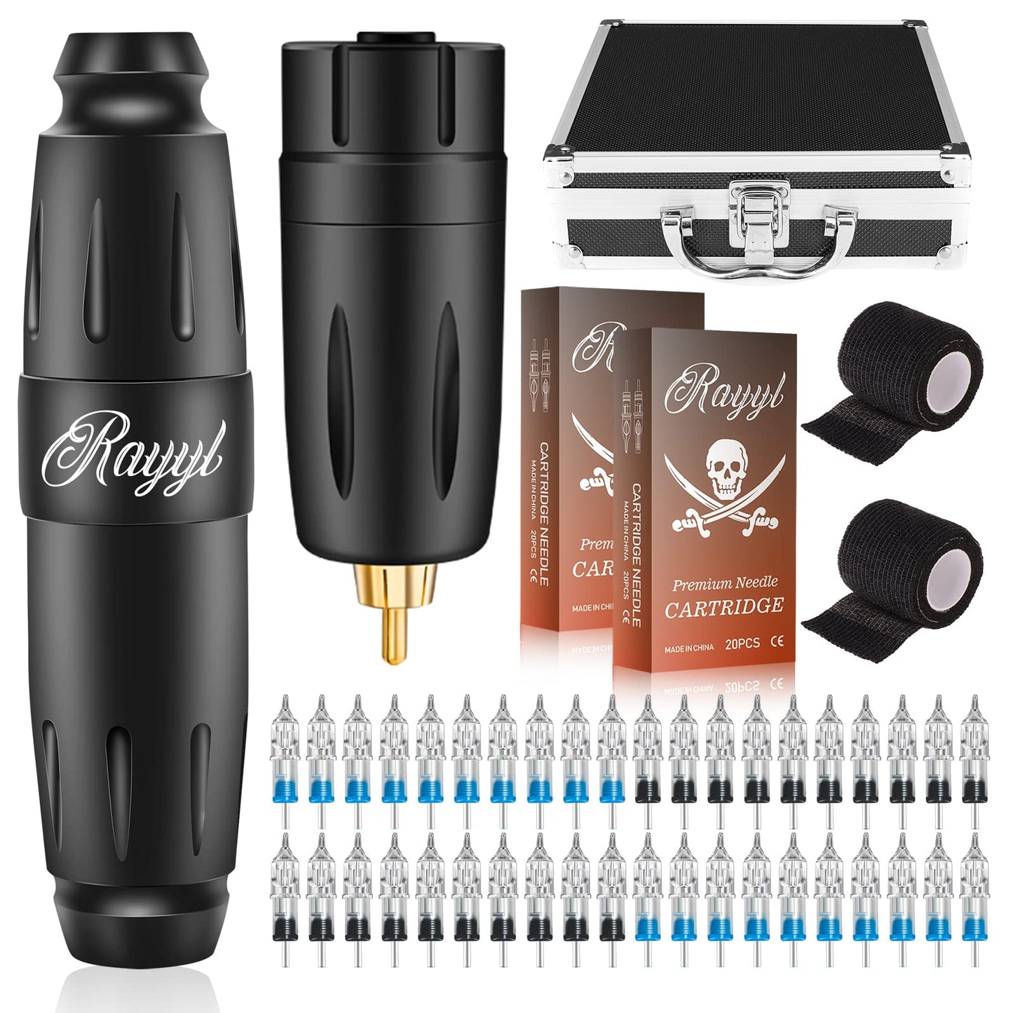 Wireless Machine Kit - Rayyl Machine Pen Kit with Mini Wireless Power Supply, 40pcs Cartridges, 2pcs Grip Tapes, 1pcs carrying case, Rotary Machine Kit for Beginners and Experienced Artists blue