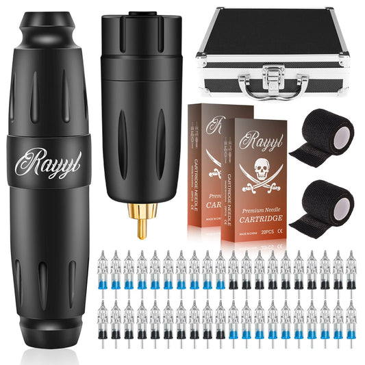 Wireless Machine Kit - Rayyl Machine Pen Kit with Mini Wireless Power Supply, 40pcs Cartridges, 2pcs Grip Tapes, 1pcs carrying case, Rotary Machine Kit for Beginners and Experienced Artists blue