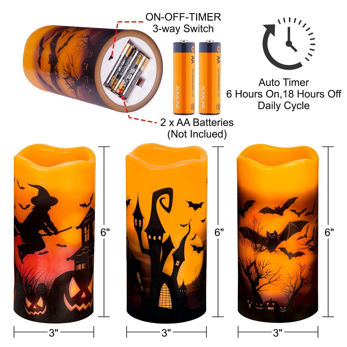 3 PCS Battery Operated Flameless Flickering Candles with 6 Hour Timer, Real Wax Electric LED Halloween Fake Pillar Candles with Castle, Witch, Bats for Indoor Kids Halloween Thanksgiving Decor Multicolour