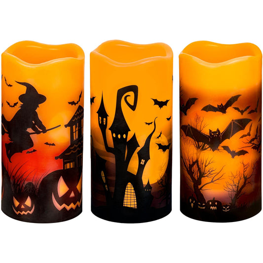 3 PCS Battery Operated Flameless Flickering Candles with 6 Hour Timer, Real Wax Electric LED Halloween Fake Pillar Candles with Castle, Witch, Bats for Indoor Kids Halloween Thanksgiving Decor Multicolour