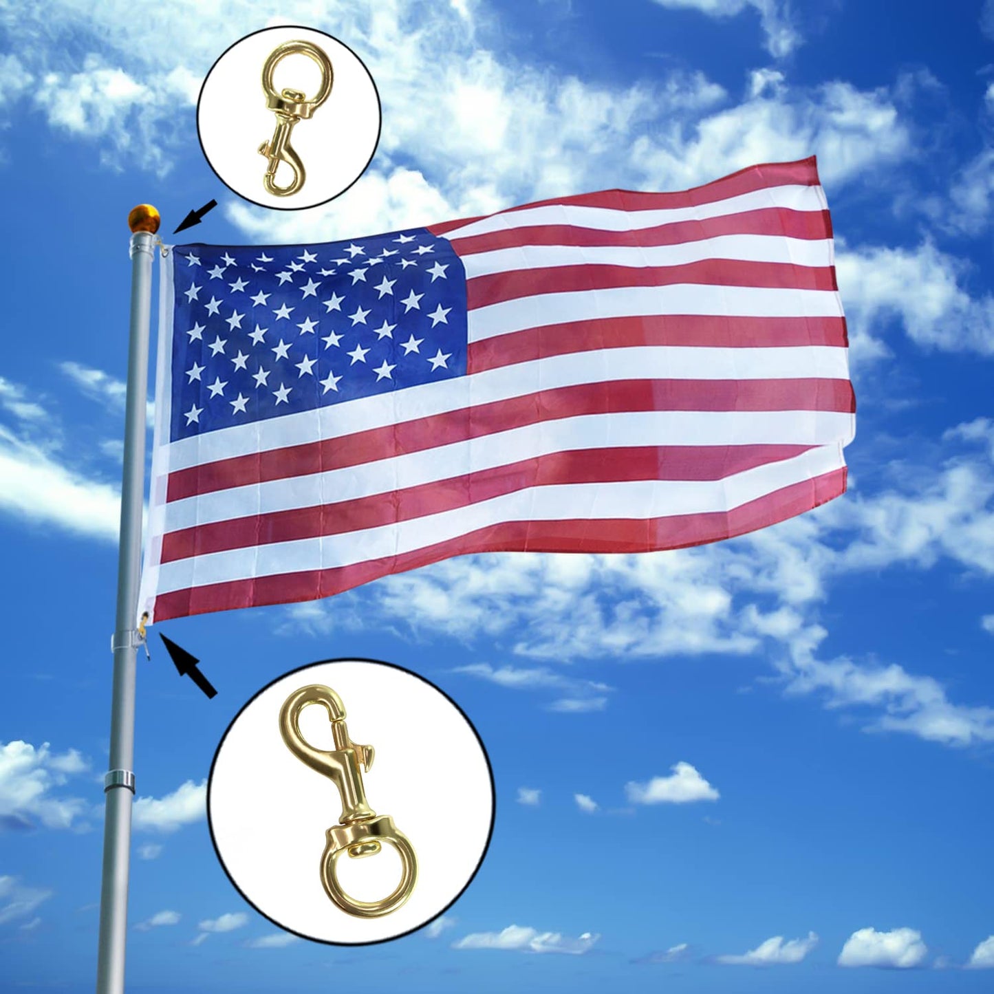 Anley Flag Accessory - 1 Pair Brass Swivel Snap Hook - Heavy Duty Flag Pole Halyard Rope Attachment Clip - For Tough Weather Conditions - 3.3 Inch - Two Hook Per Pack Gold 2 Pack