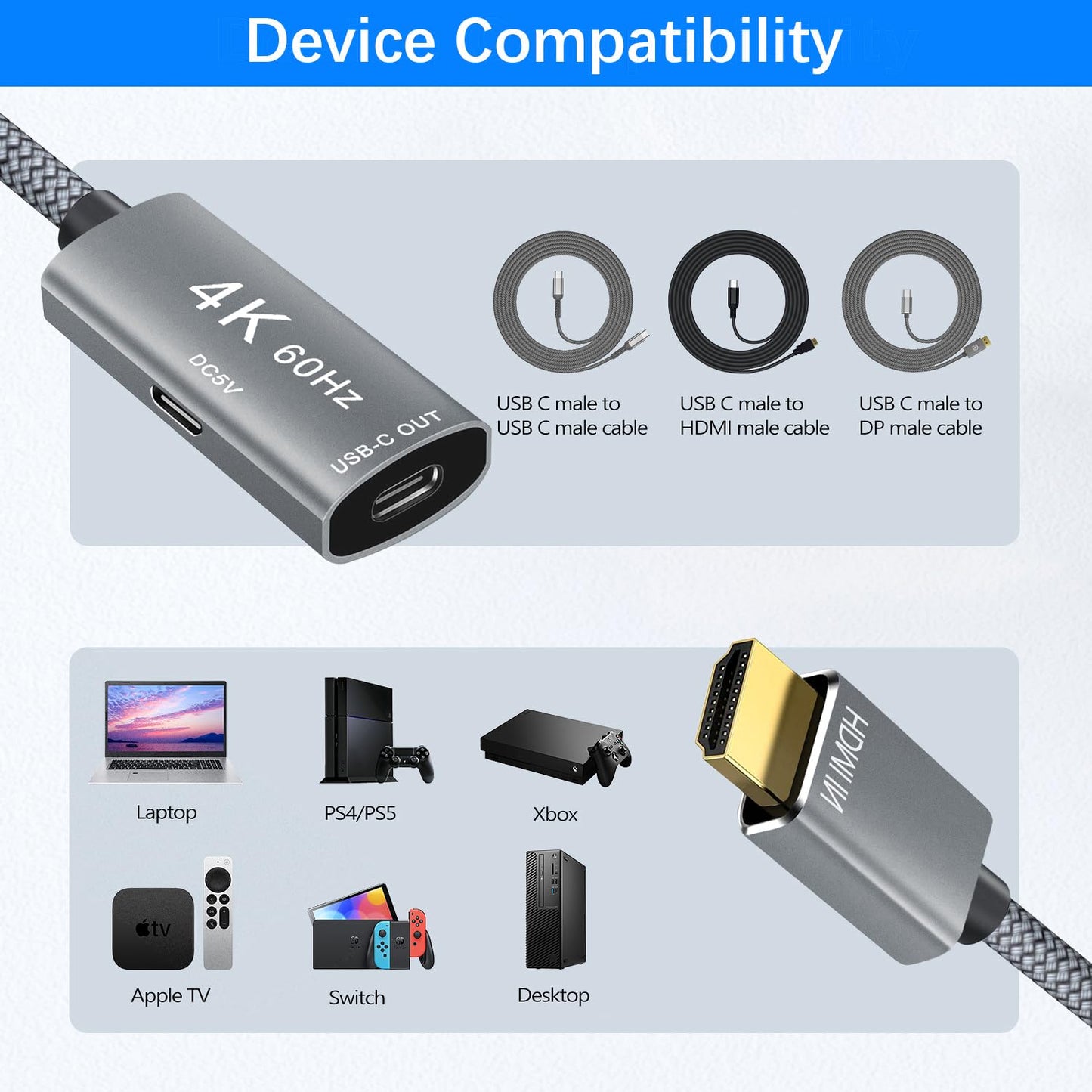 Basesailor HDMI Male to USB-C Female Cable Adapter with Power Charging Cable,USB Type C 3.1 Output to HDMI Input Converter,4K 60Hz Thunderbolt 3 Adapter for New MacBook Pro,Mac,Surface,Nreal Air,Rokid