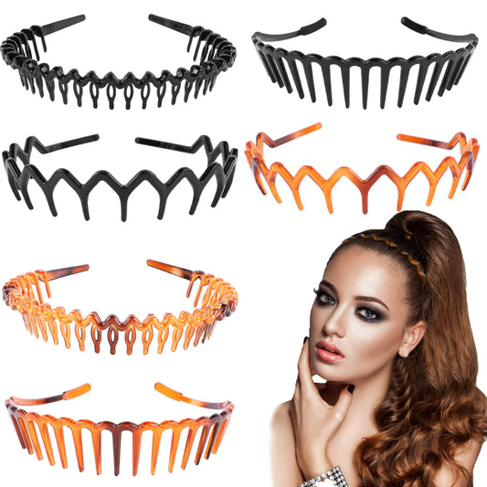 6 Pcs Tooth Headband for Women Girls, Plastic Hair Bands Wavy Hair Comb Headband Hard Hairbands for Hair Styling, 3 Styles(Black/Brown)