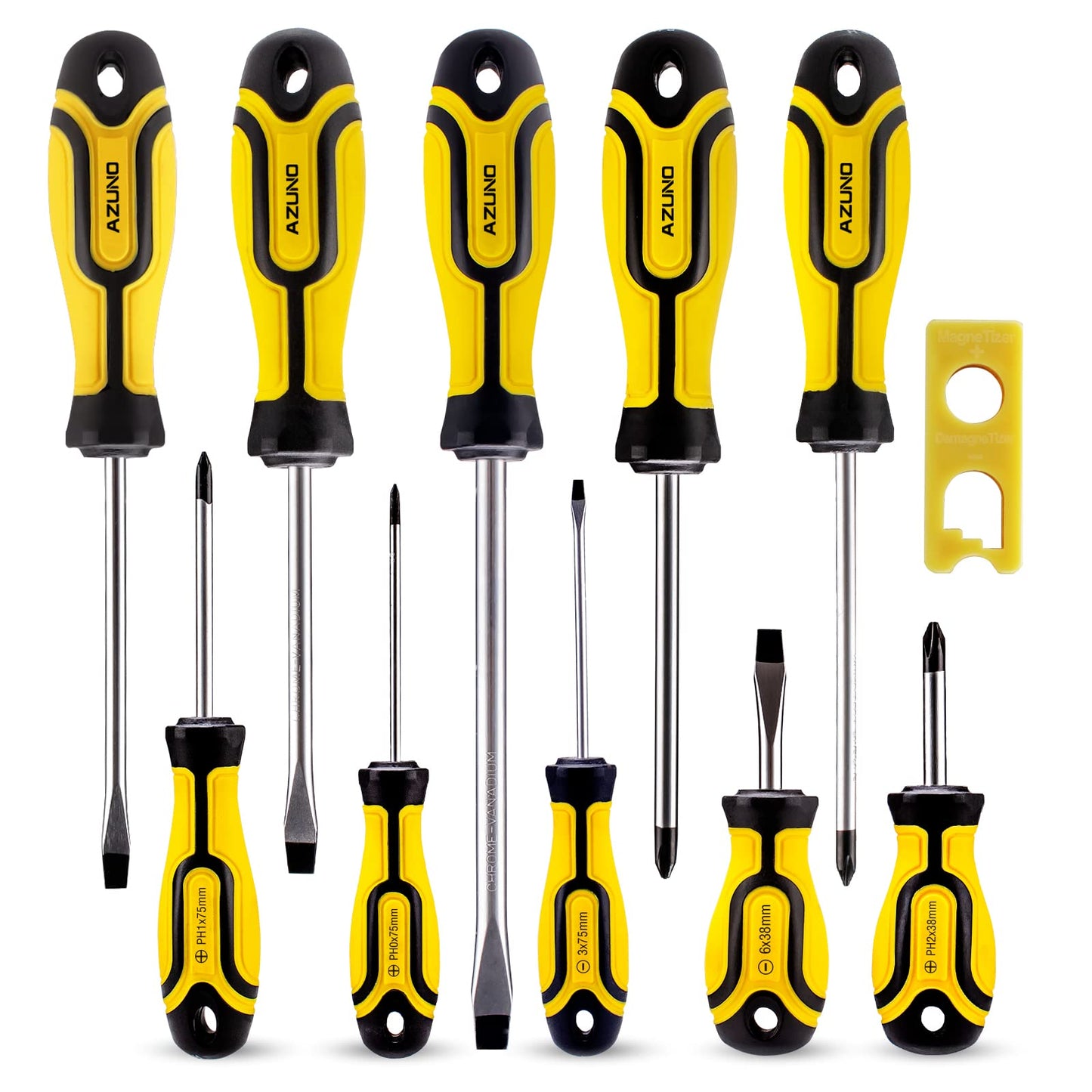 AZUNO 11-Piece Magnetic Screwdriver Set, Include Magnetizer/Demagnetizer, Tips 5 Slotted, 5 Phillips Chrome Vanadium Steel