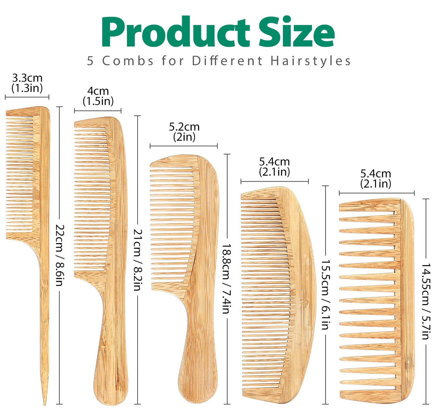 5 Pcs Comb set for Women Men Natural Handmade Bamboo Anti-Static Wide Tooth Comb Tail Combs Fine Tooth Combs Set for Long Short Thick Thin Wavy Curly Hair Hairdetangling Comb… (Natural)