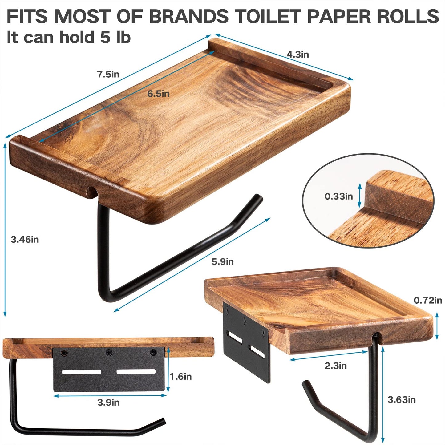 Yangbaga Toilet Roll Holder with Shelf, Wall Mounted Toilet Paper Holder for Bathroom with Wood Tray, Practical Paper Holder for Kitchen and Bathroom