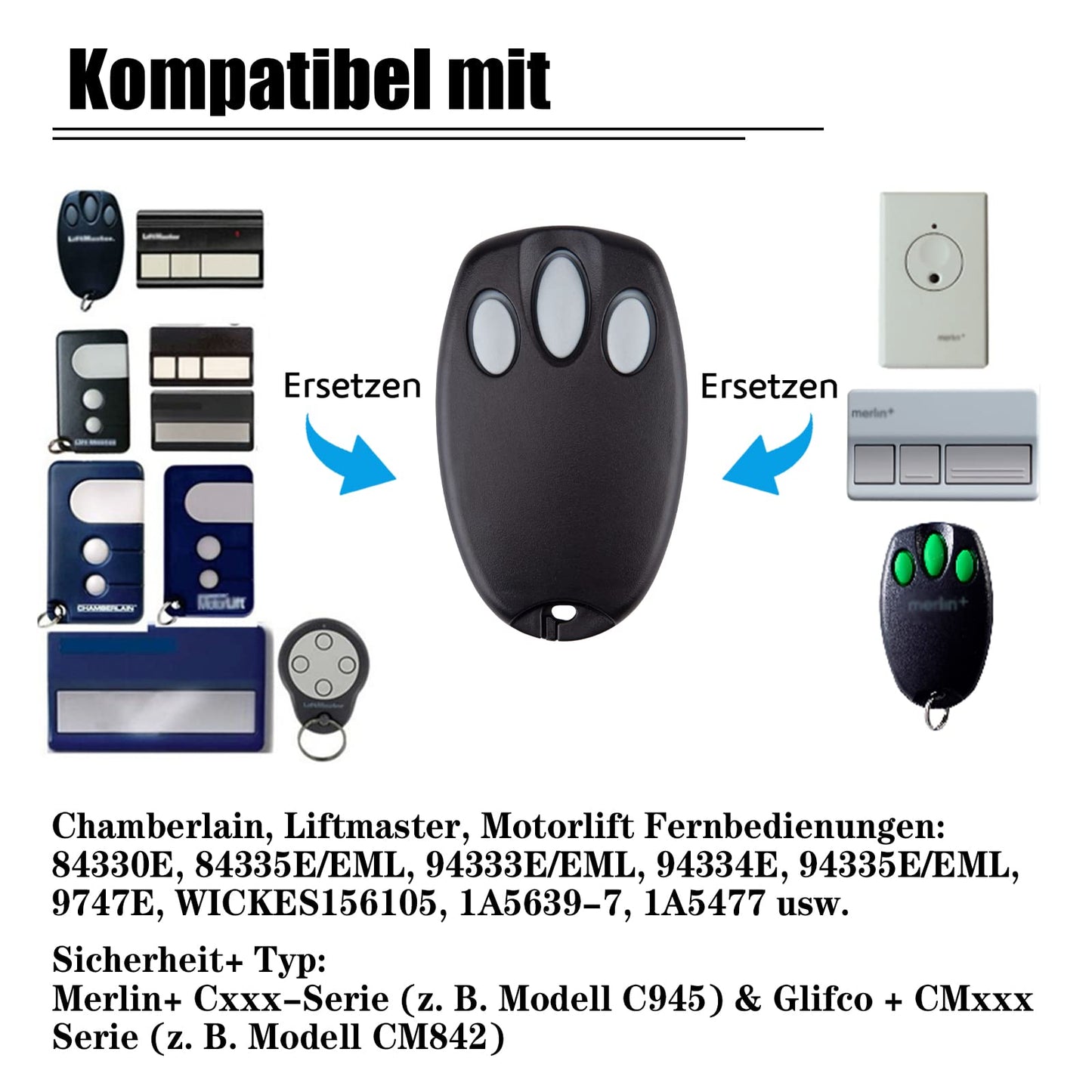 2 x Replacement Garage Door Remote Control for Chamberlain Liftmaster Motorlift 94335E | 84335E | ML700 | ML500 | ML850 | Merlin + C945 | C840 Security + 433.92Mhz Handheld Transmitter Pack of 2