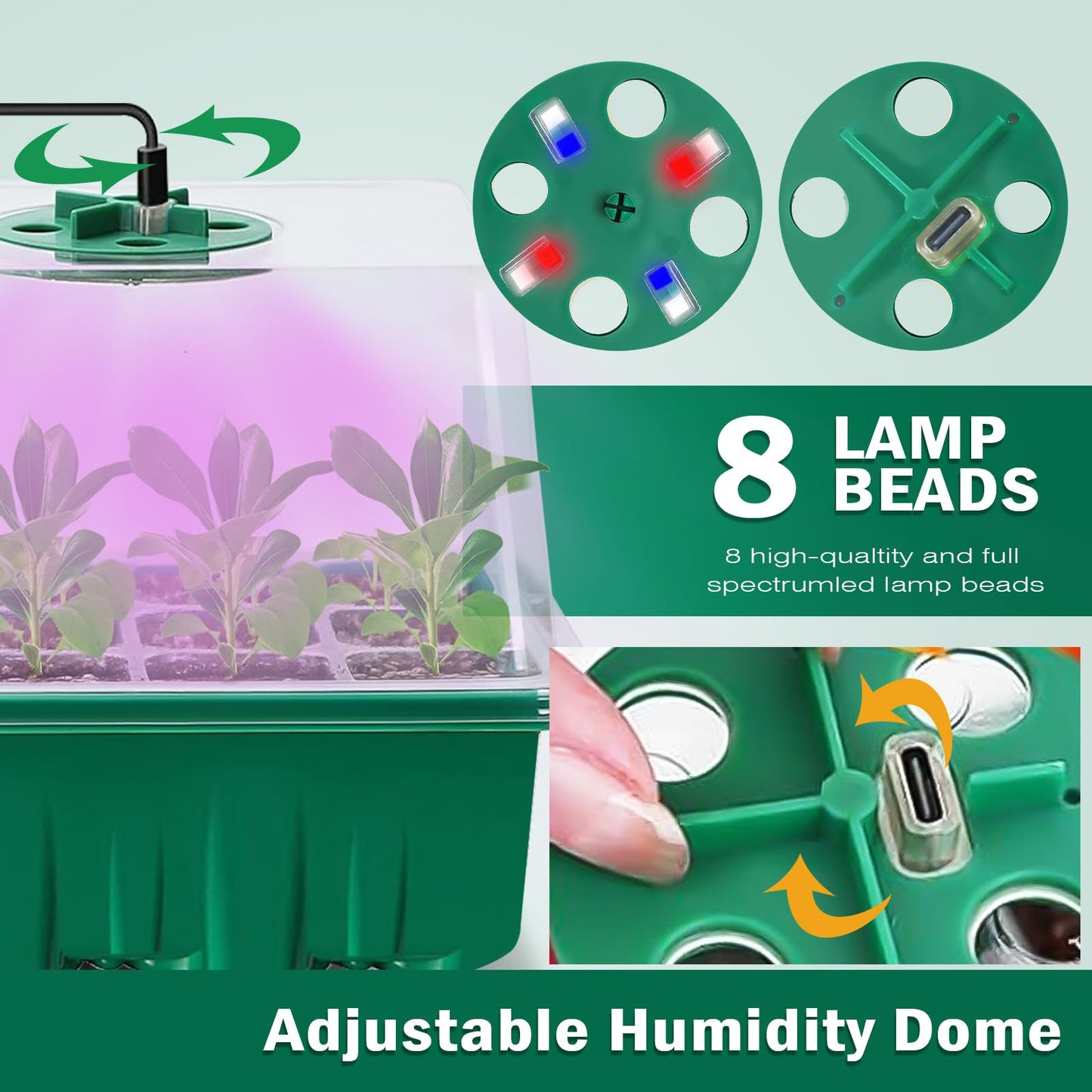 5 Pack Seed Starter Trays with Grow Light with Timing Controller Adjustable Brightness,Thicken Seedling Starter Trays with Humidity Domes Heightened Lids(Green) Green