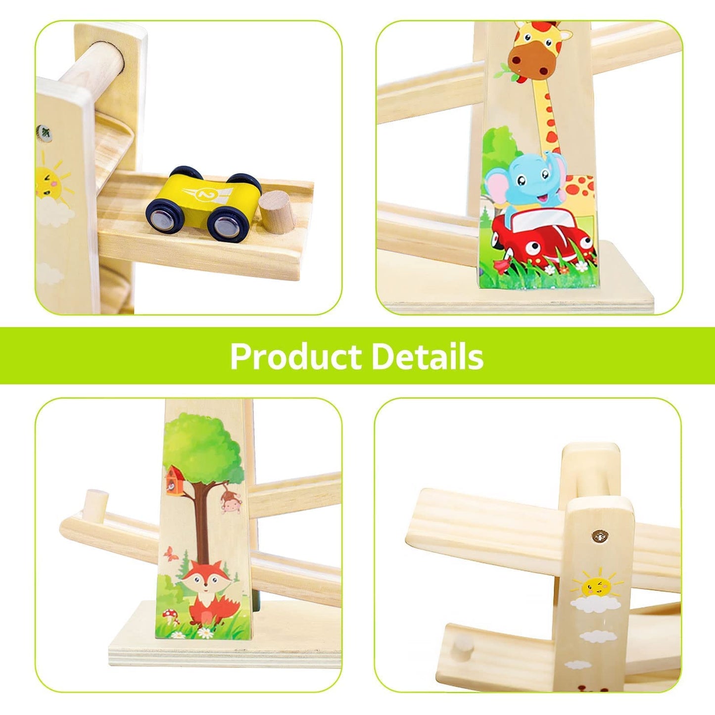 Wooden Car Ramp Toys|Zig Zag Car Slide|Toddler Toys Wooden Race Track with 4 Wooden Cars for 1 2 Year Old Boy Gifts Green