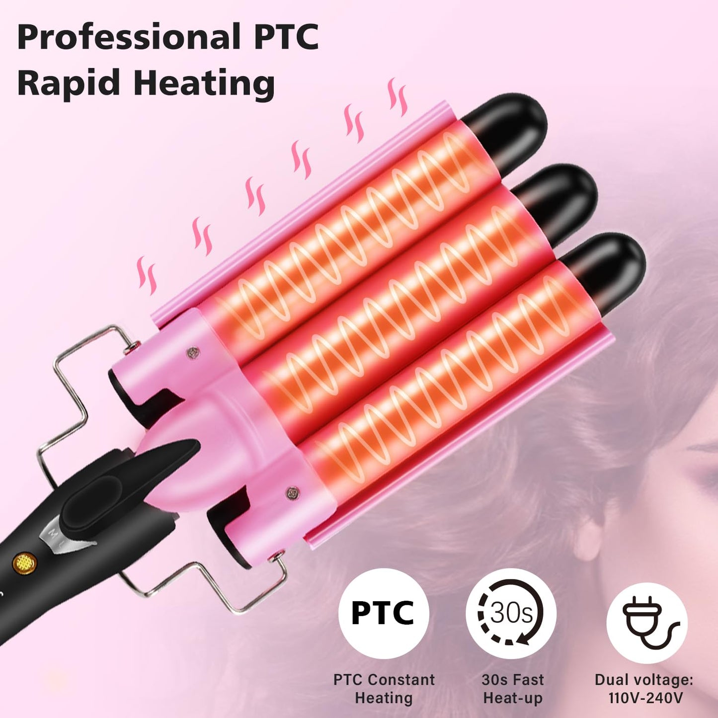 3 Barrels Hair Curler - 25mm Curling Iron Tongs Hair Waver Mermaid Waves Wand Beach with 2 Temperature Control Quick Heating for Long or Short Styling Pink