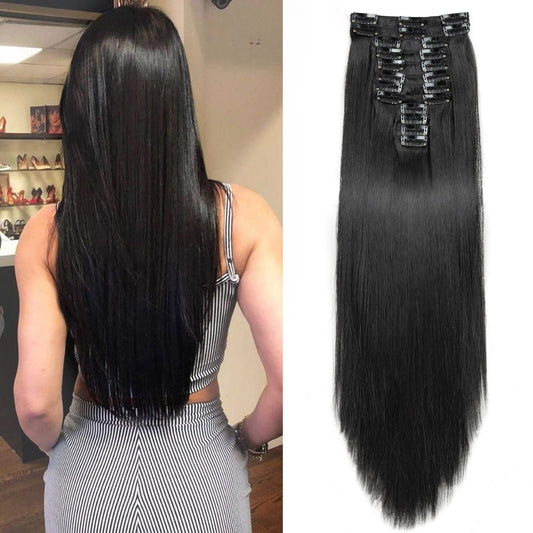 22" Long Straight Clip in Hair Extensions, 180 Gram 12PCS Hair Extensions Synthetic Fiber Full Head Natural Black Clip on Double Weft Hairpieces for Women 180g-22inch-straight #1B Natural Black