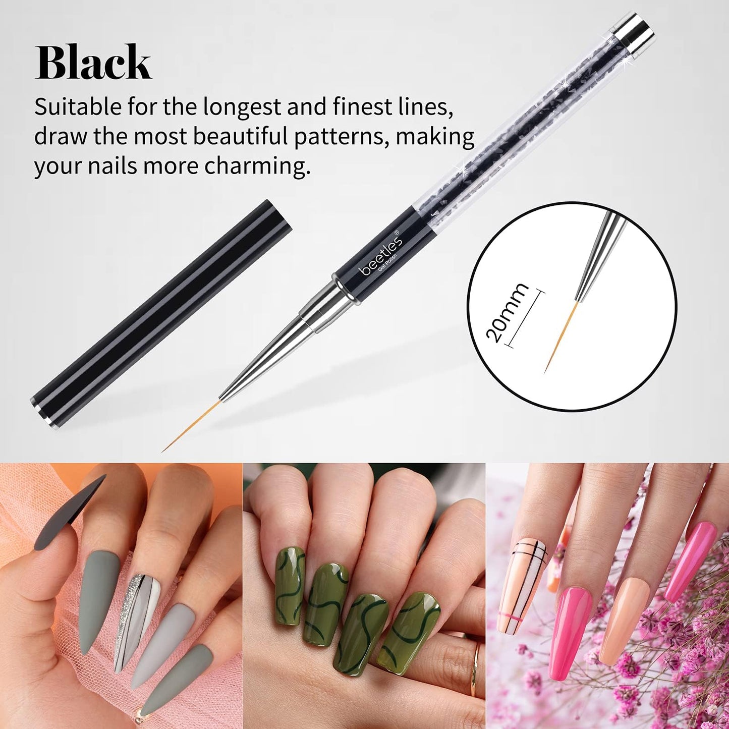 Beetles Nail Art Liner Brushes, Nail Gel Polish Painting Nail Art Design Brush Pen Set Diamond application Rhinestone Handle, Nail Dotting Painting Drawing Pen Sizes 5/7/9/11/20mm, 5Pcs Liner Brushes 5pcs