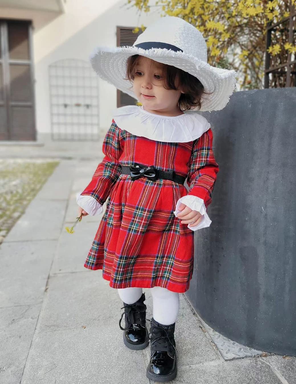 AGQT Toddler Girls Princess Dress Long Sleeve Party Dress Casual Dresses Up Size 3M-6T White Neck Red Plaid Dress 5-6 Years