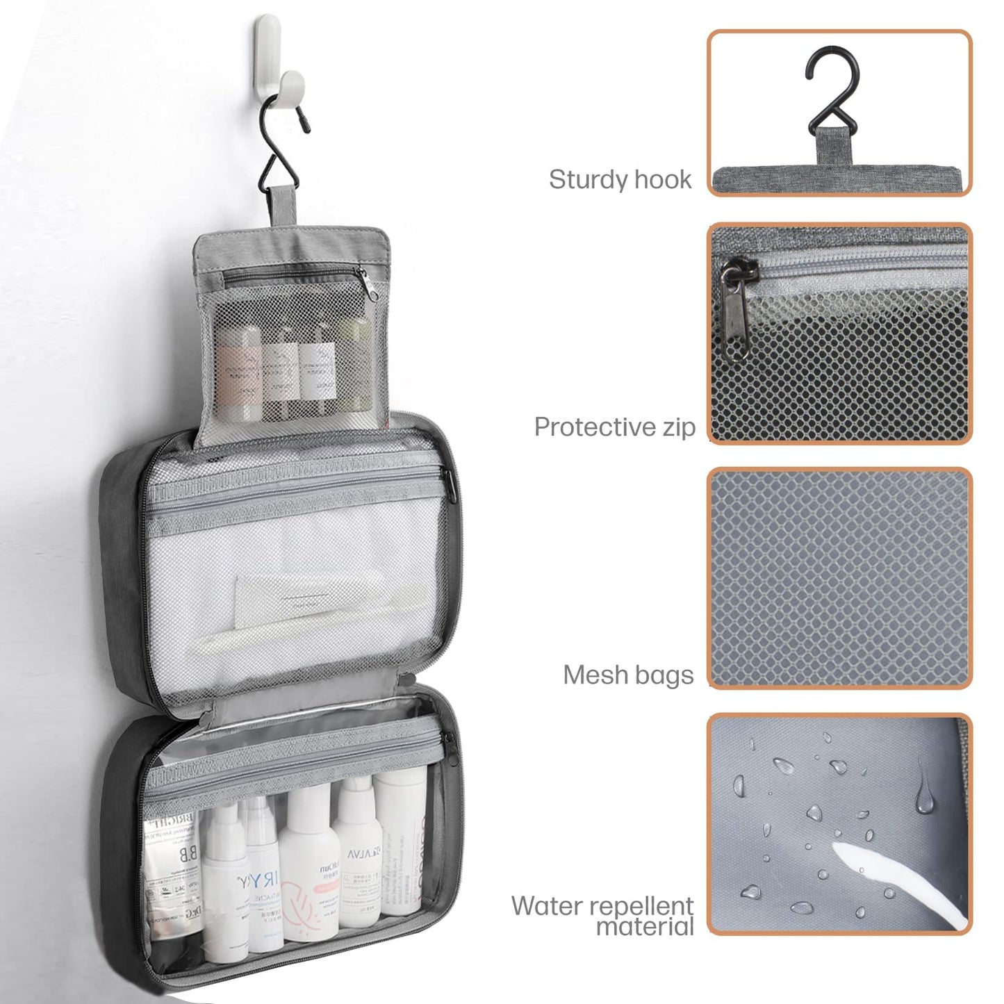 Beauty Case Travel Toiletry Bag Waterproof 3 Compartments Bag for Bathroom Accessories Grey Unisex