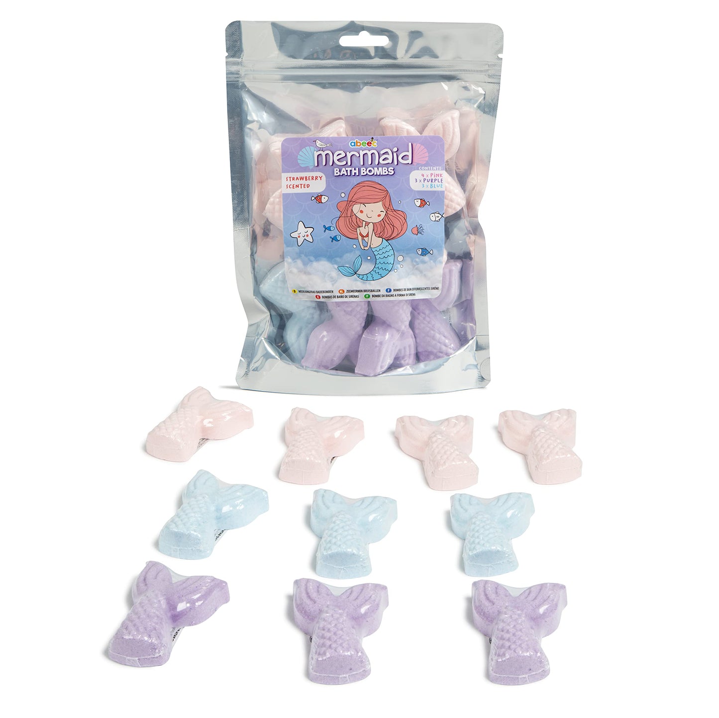 abeec Mermaid Bath Bombs for Kids – 10-Pack of Strawberry-Scented Bath Fizzers – Fun Bath Bomb Gift Set with Pink, Blue & Purple Mermaid Shapes – Bubble Bath Gift for Girls & Boys 10 Mermaid Bath Bombs