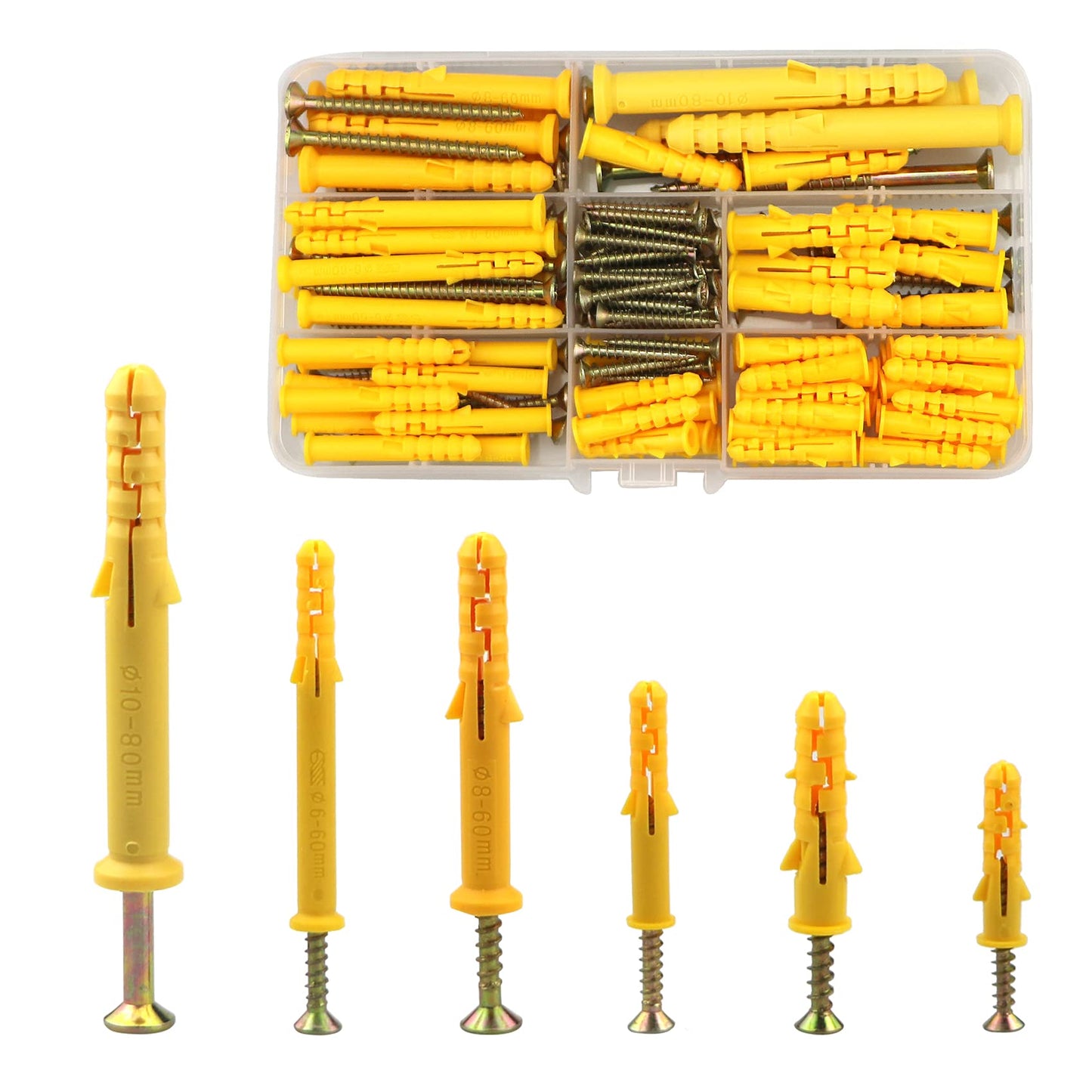 150 Pcs Wall Plugs And Screws For Brick,Masonry,Heavy Duty, Plastic Expansion Pipe Anchor Bolts (M6/M8/M10) Assorted Set, Used To Fix Photo Frames, Sockets, Partitions, Hooks(30/40/60/80mm)