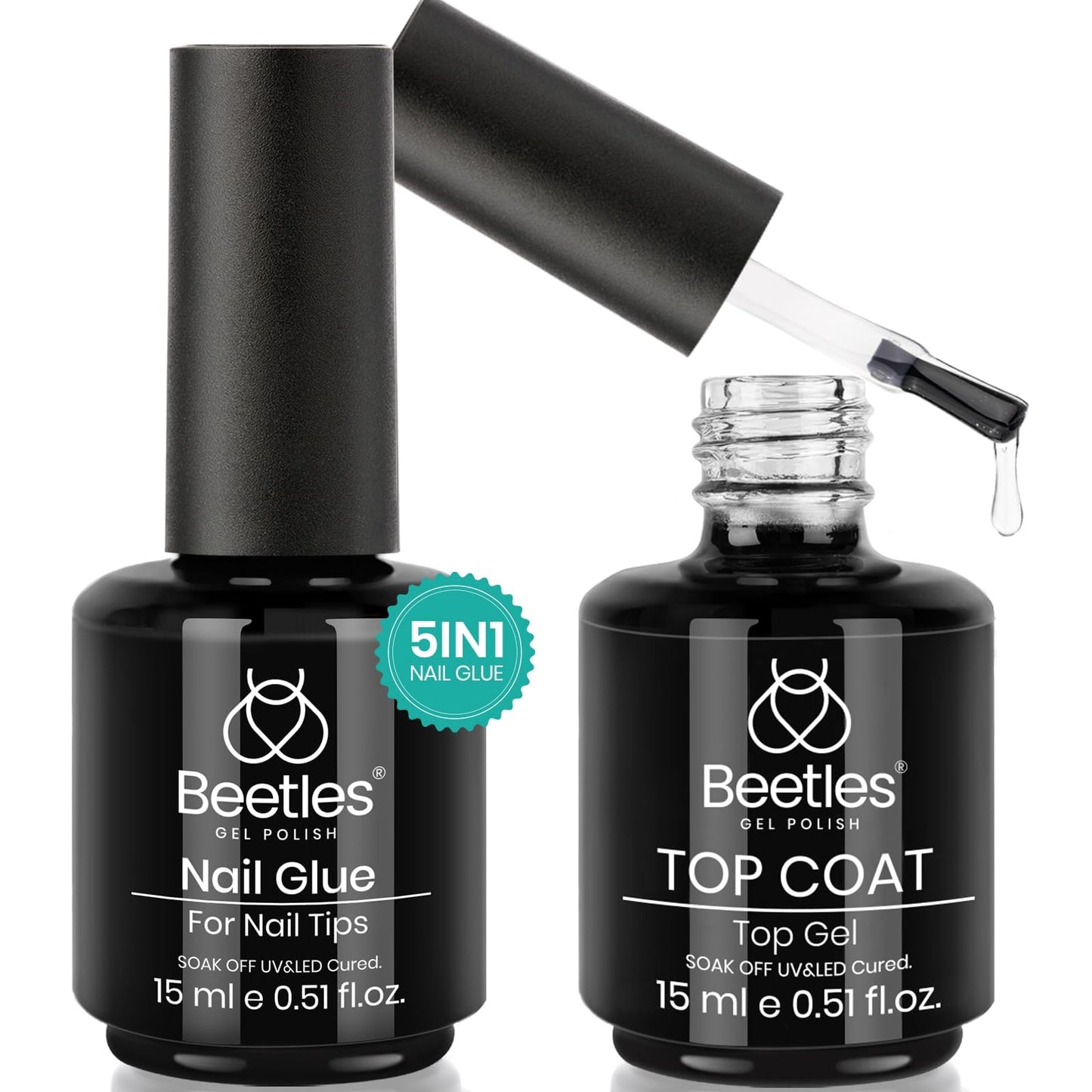 Beetles Gel Polish 2 in 1 Nail Glue and Base Gel Kit for Acrylic Nails, 2PCS 15ML Super Strong Brush On Nail Glue Gel And Top Coat for False Nails and Gel Nail Polish, UV/LED Lamp Required A-Nail Glue and Top Coat