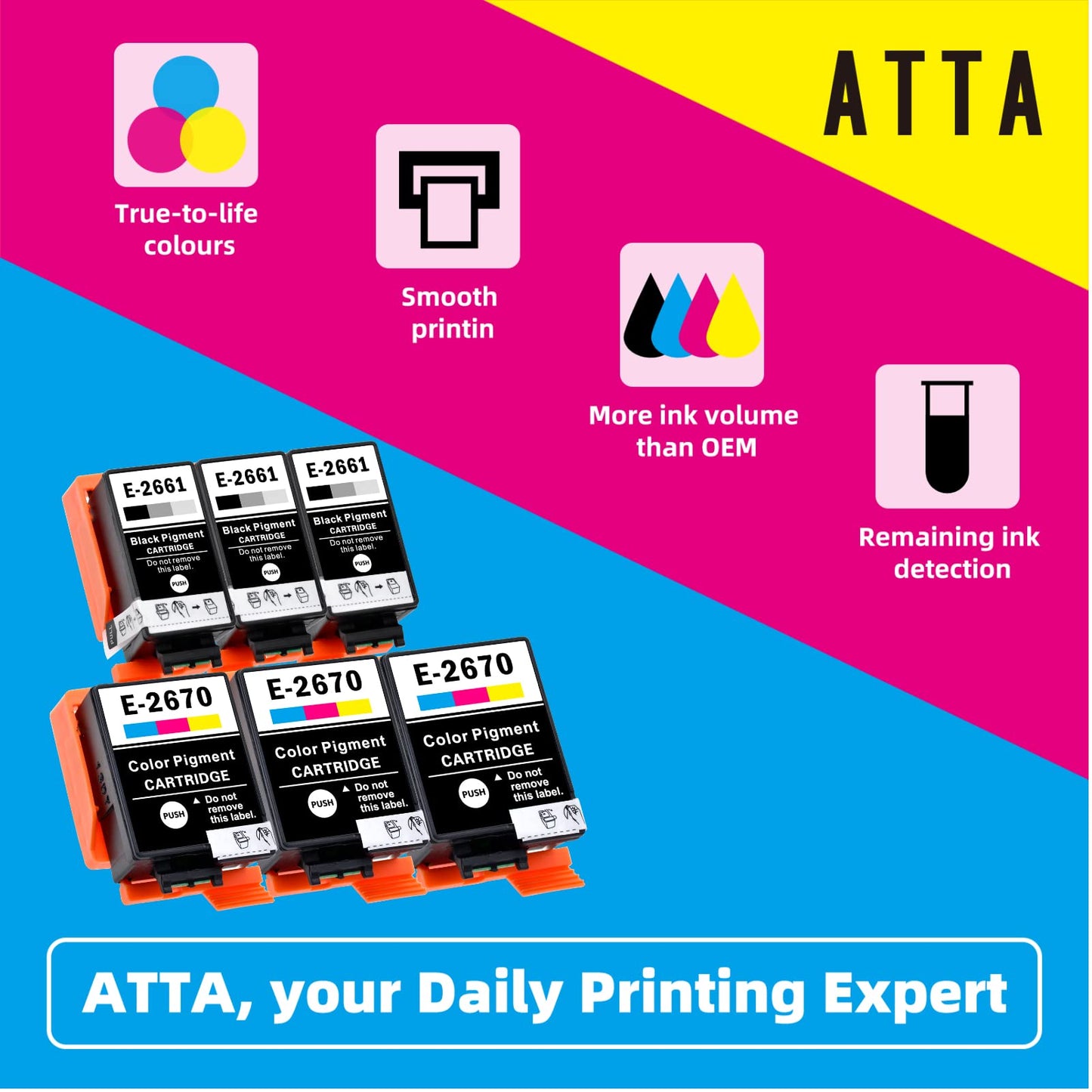 ATTA Compatible Epson 266 & 267 Ink Cartridges, 2661 T2661 T2670 Work for Epson Workforce WF-100W WF-110W Printer with Pigment Ink, 6 Pack (3 Black, 3 Colour) 3 Black+3 Colour