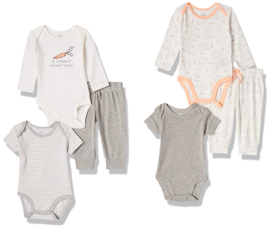 Amazon Essentials Unisex Babies' Cotton Layette Outfit Sets, Pack of 6 12 Months Dark Grey Heather/Rabbit/Stripes/White Carrots