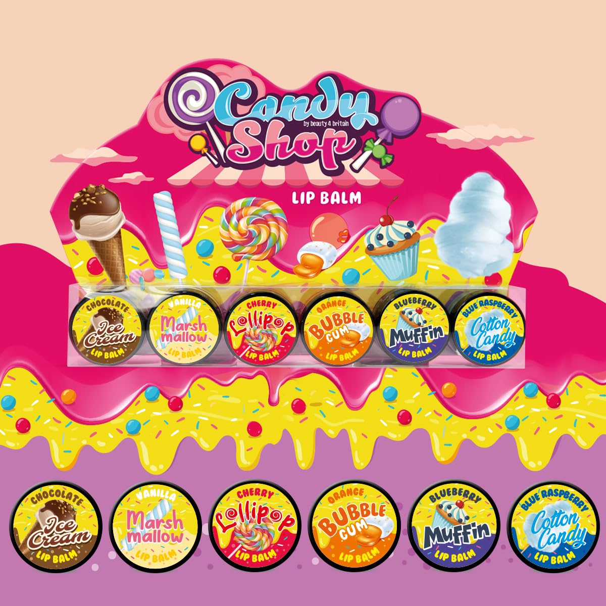 Beauty4Britain Set of 6 Kids Lip Balm Candy Shop Shining Non-Colour Nourishing Scented Favourite Candies Girls Boys Lip Balm Set