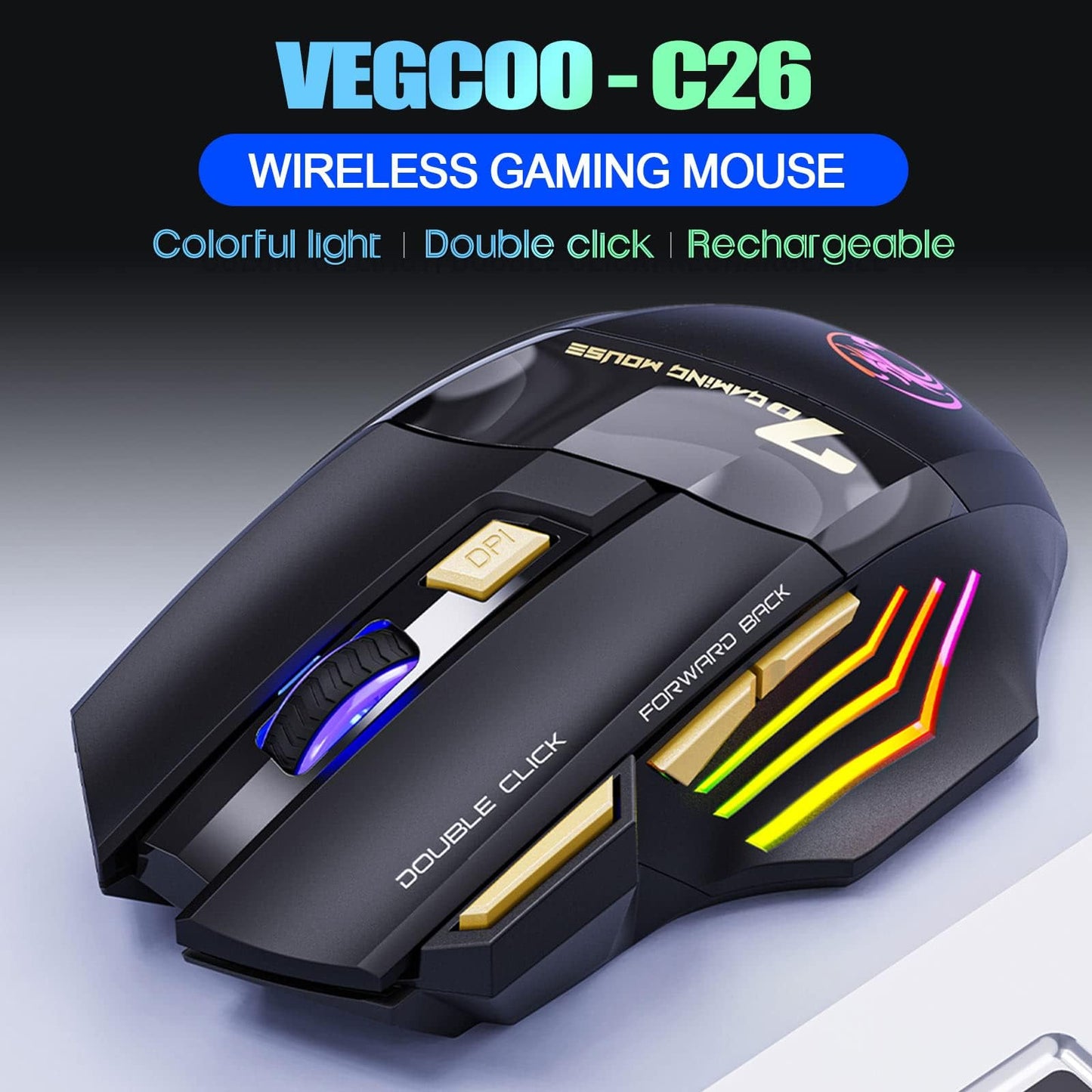 VEGCOO Wireless Gaming Mouse, C8 Rechargeable Silent Click Wireless Mouse with 2.4G USB Receiver, up to 4800 DPI Adjustable, Double Click for PC/Mac Gamer, Laptop and Desktop C26N