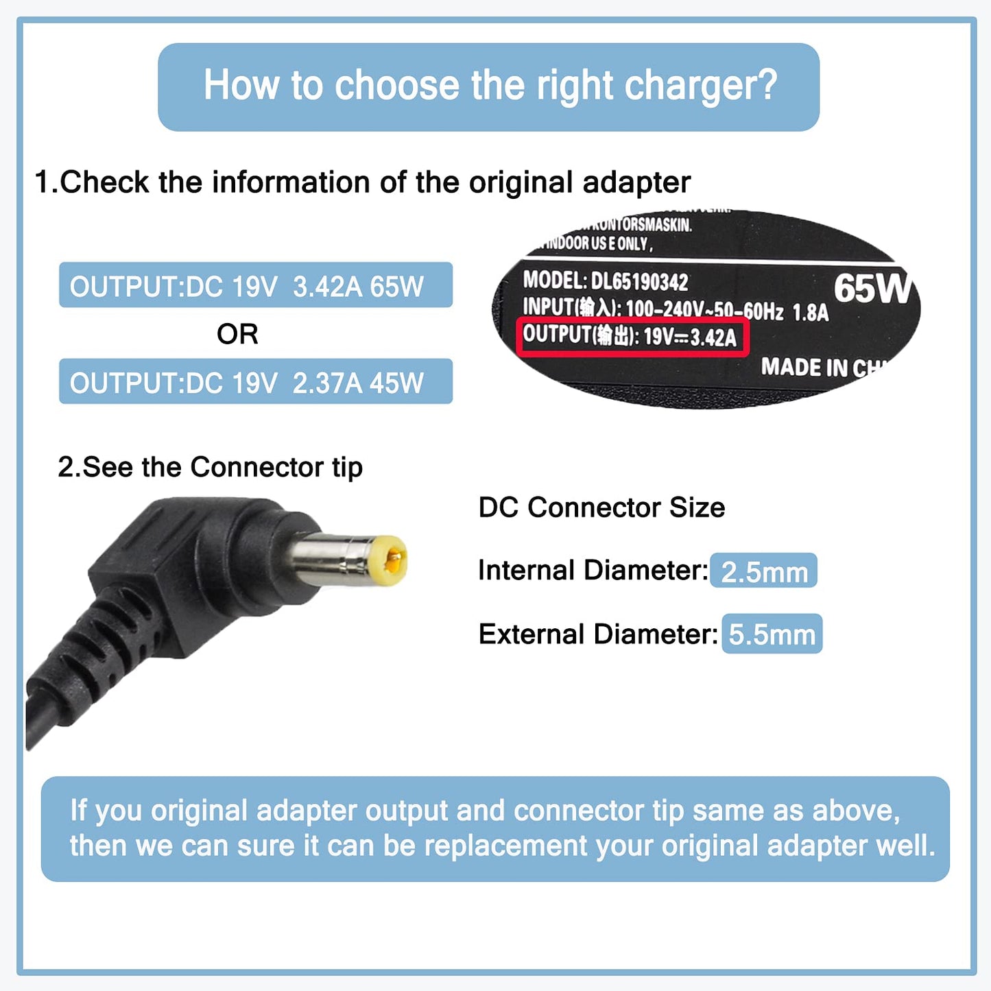 65W Laptop Charger for Toshiba Satellite C50 C55 C655 C675 C850 C855 C855D C875 P50 L50 L55 L55D L75 L300 L305 PA3917U-1ACA PA3714U-1ACA PA5035U-1ACA 19V 3.42A AC Adapter for Toshiba Laptop[5.5x2.5mm]