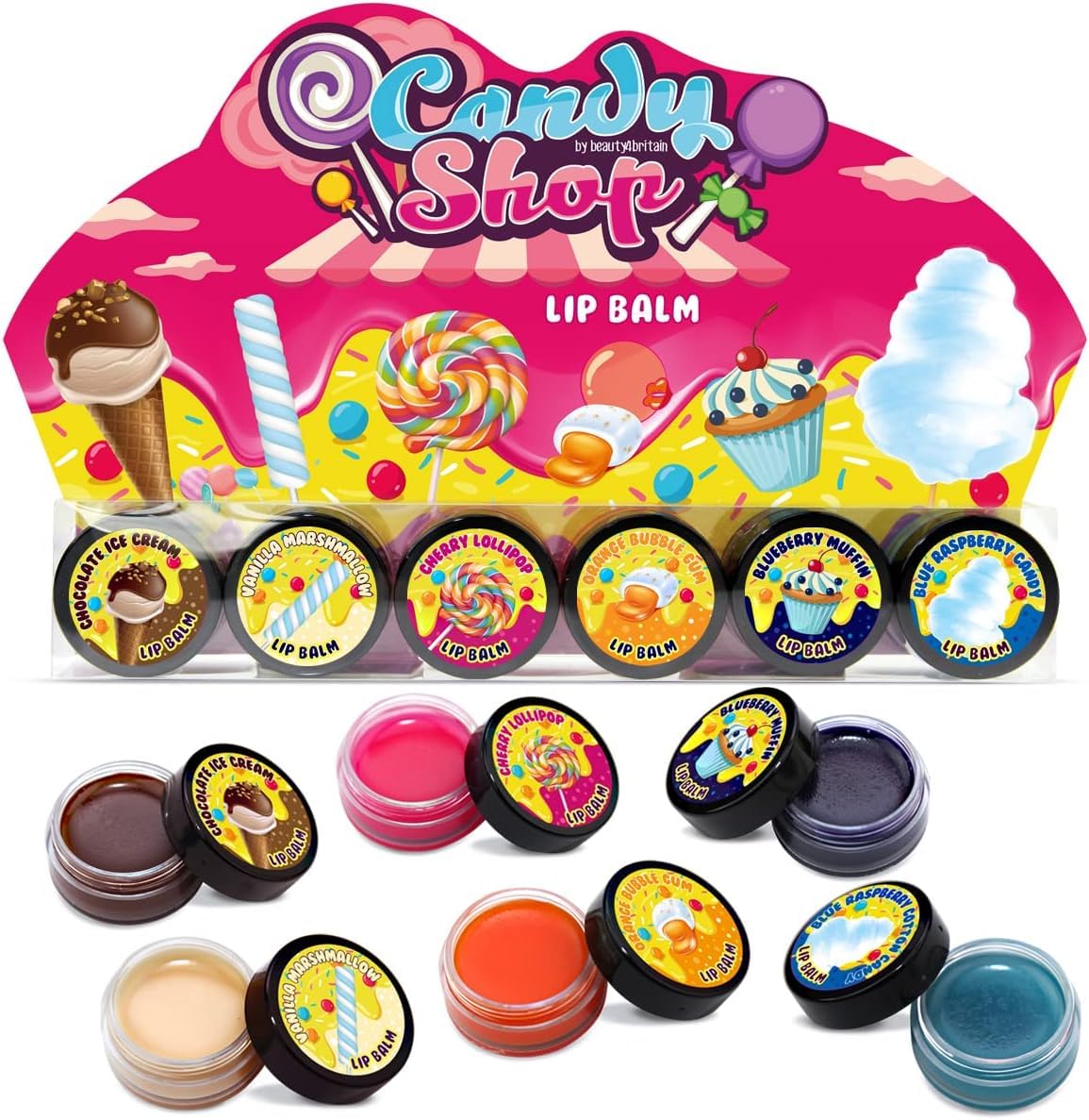 Beauty4Britain Set of 6 Kids Lip Balm Candy Shop Shining Non-Colour Nourishing Scented Favourite Candies Girls Boys Lip Balm Set