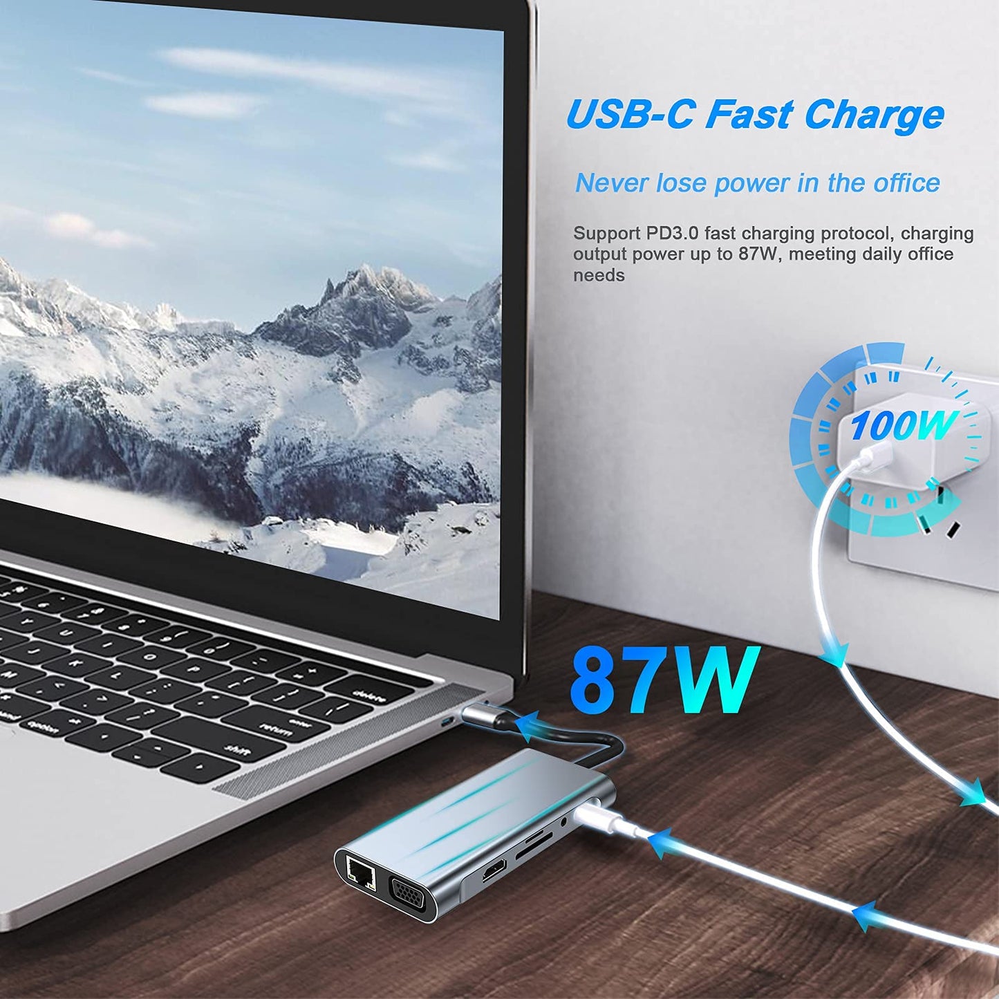 USB C HUB, Docking Station, 11-in-1 USB C Adapter with 4K-HDMI, VGA, USB 3.0 port, Type C PD, RJ45 Ethernet, SD/TF Card Reader, 3.5mm AUX, Compatible with MacBook Pro/Air, More Type C Devices 11 in 1