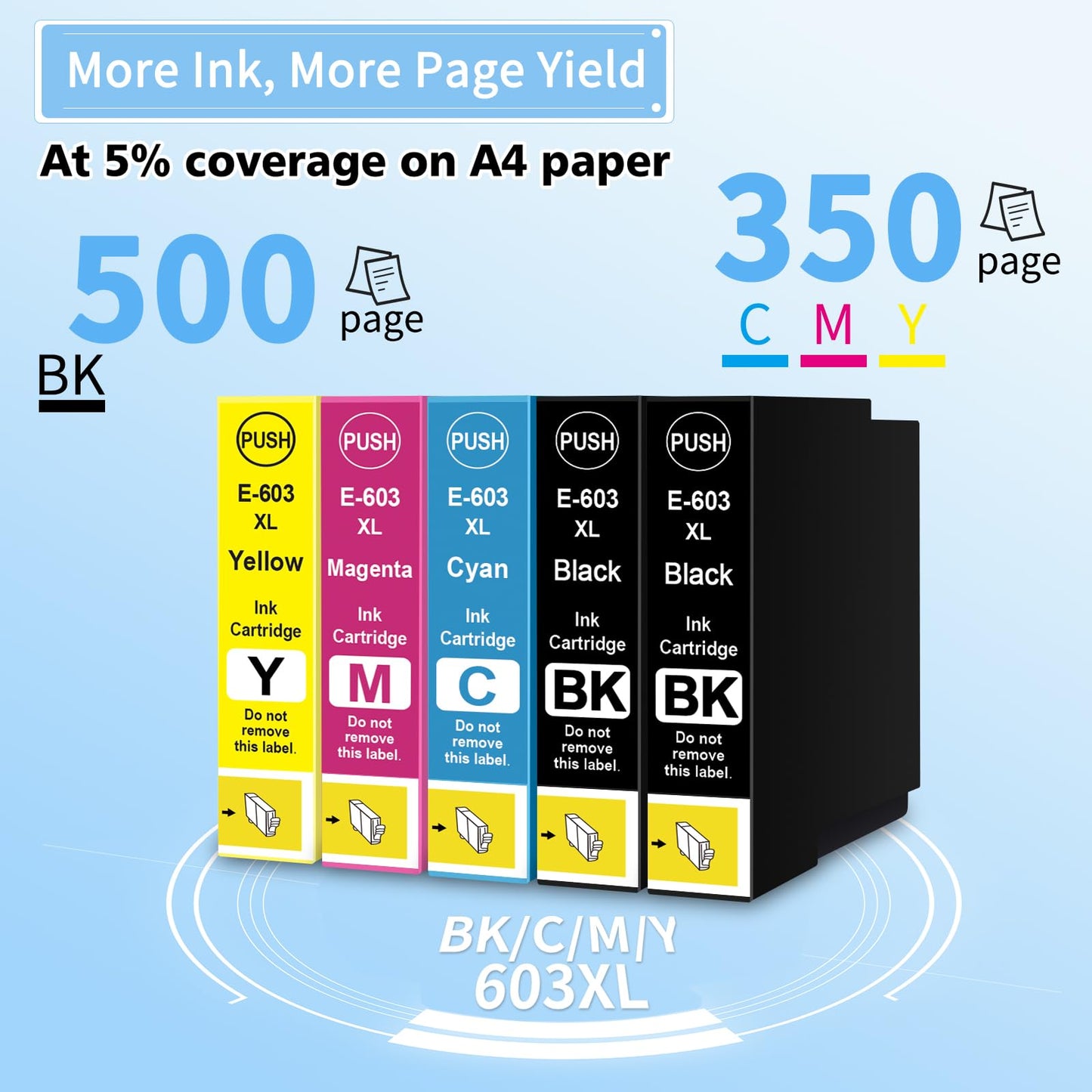 XemaX 603XL Ink Cartridges Multipack XP-4150 XP-4155 XP-2155 XP-3150 XP-2150 WF2840 Replacement for Epson 603 XL for Epson XP2100 XP-2100 XP3100 XP3150 WF2830 WF2810 XP4100 XP3105 WF2850 WF2870DWF 5 Pk: Black * 2+Cyan * 1+ Magenta * 1+Yellow * 1