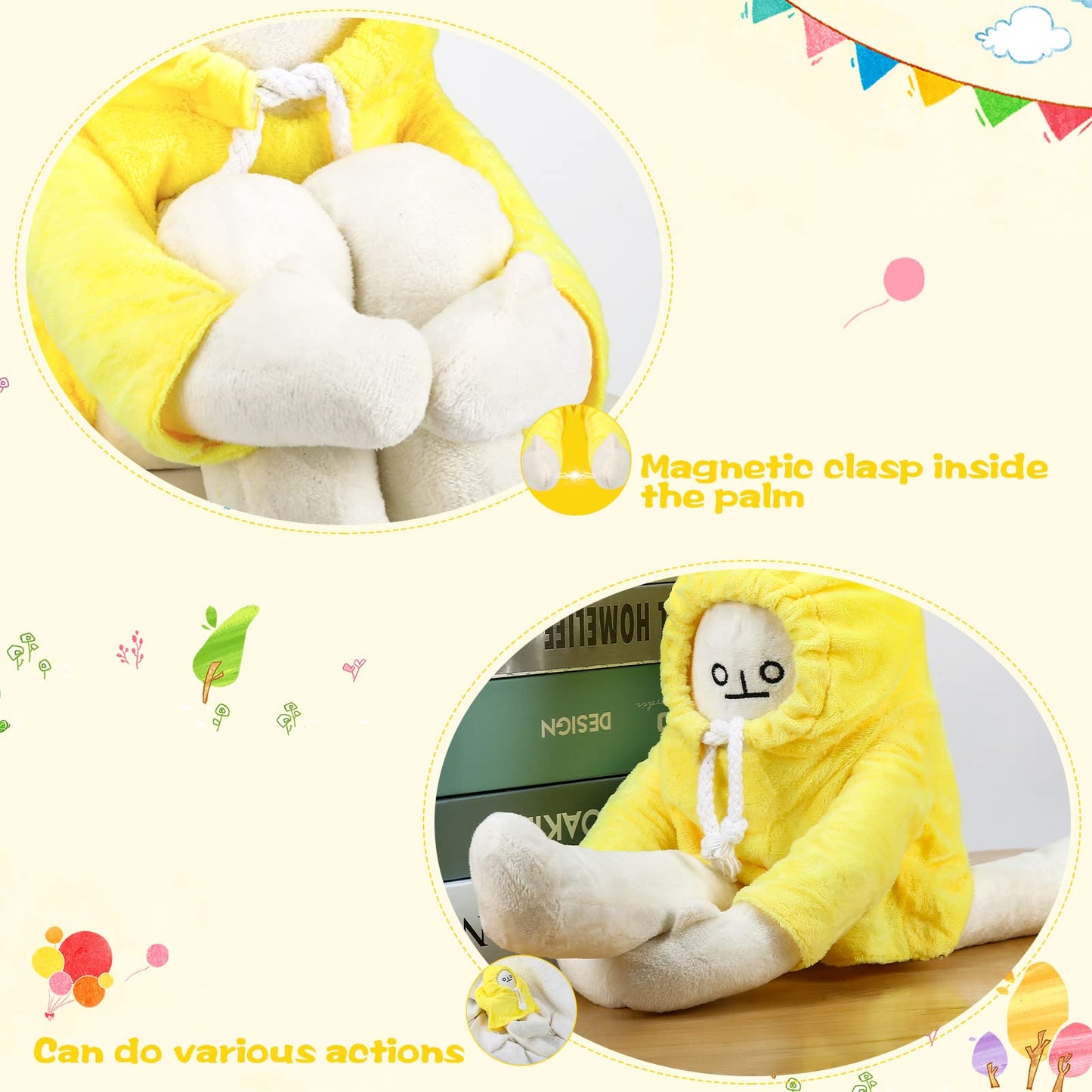 Watkings 16in Cute Banana Man Doll Plush Pillow Bendable Plush Toy Creative Stuffed Toy Adorable Banana Shaped Doll Birthday Party Gift for Kids