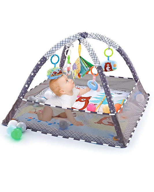 Trongle Baby Play Gym, Baby Play Mat Newborn with 5 Hanging Toys and 18 Ocean Balls, Lightweight Foam Stand Washable Soft Cotton Base, Playmats & Floor Gyms for 0-24months, with Carry Bag (80x80x55cm) Animal Theme 80x80x55cm