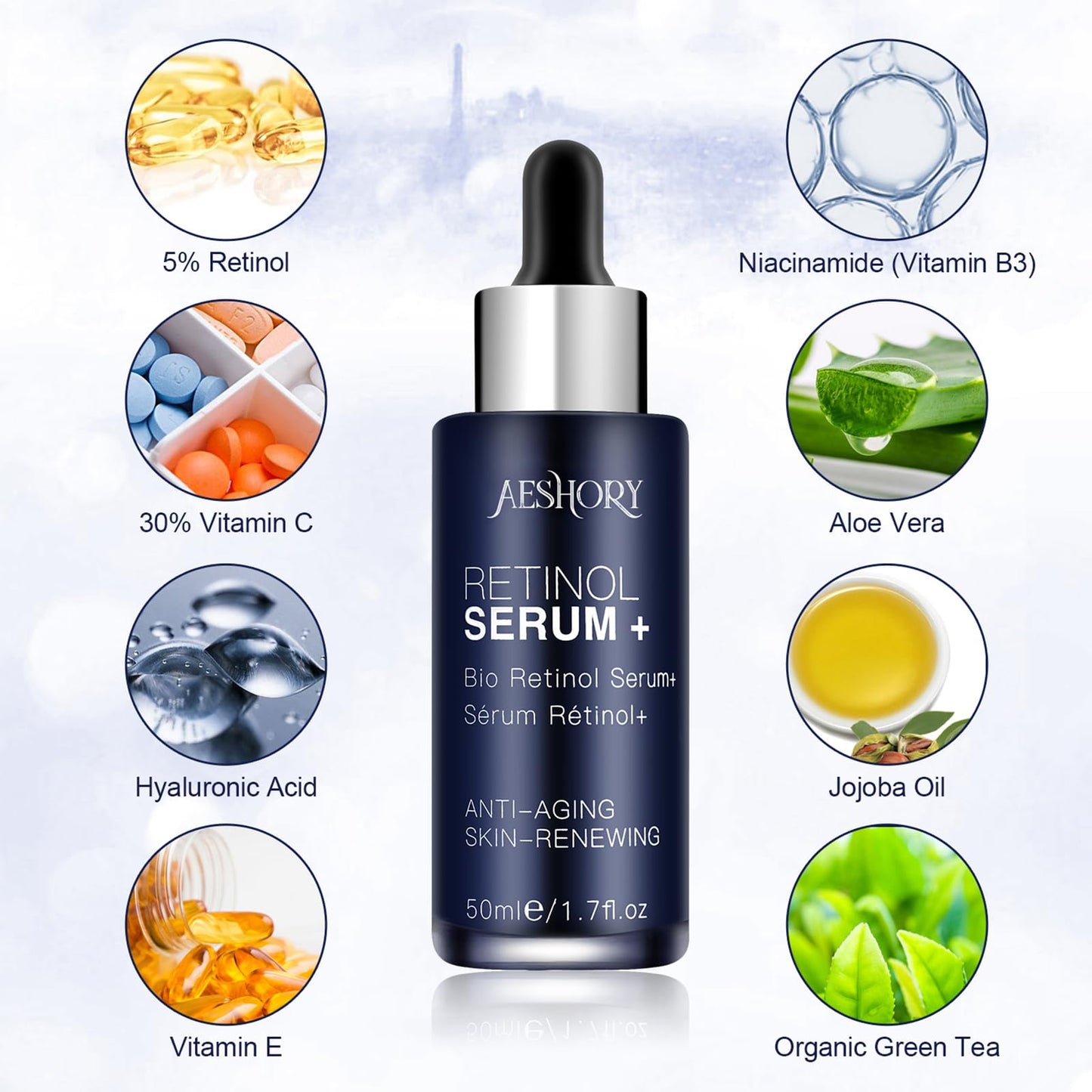 Aeshory Retinol Serum for Face/Neck/Eyes 50ml, High Strength with 5% Retinol, 30% Vitamin C, Vitamin E & Hyaluronic Acid - Anti Aging Facial Serum for Moisturizing, Fine Line, Skin Repair