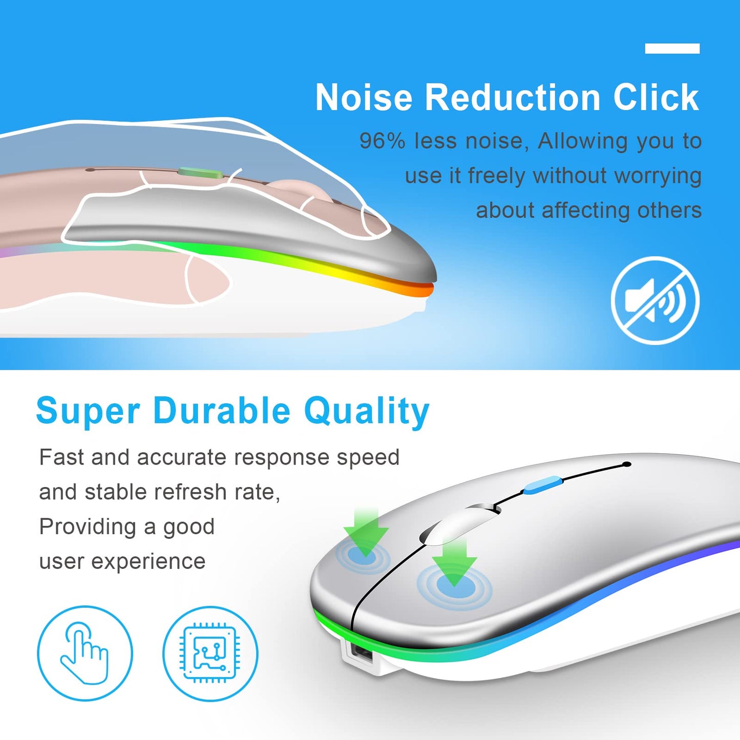 Wireless Mouse, Bluetooth Mouse for Laptop and 2.4Ghz USB Mouse for Computers, Rechargeable Silent cordless mouse with USB C Adapter Compatible with iPad,Macbook air/pro,chromebook,Desktop,PC, Silver