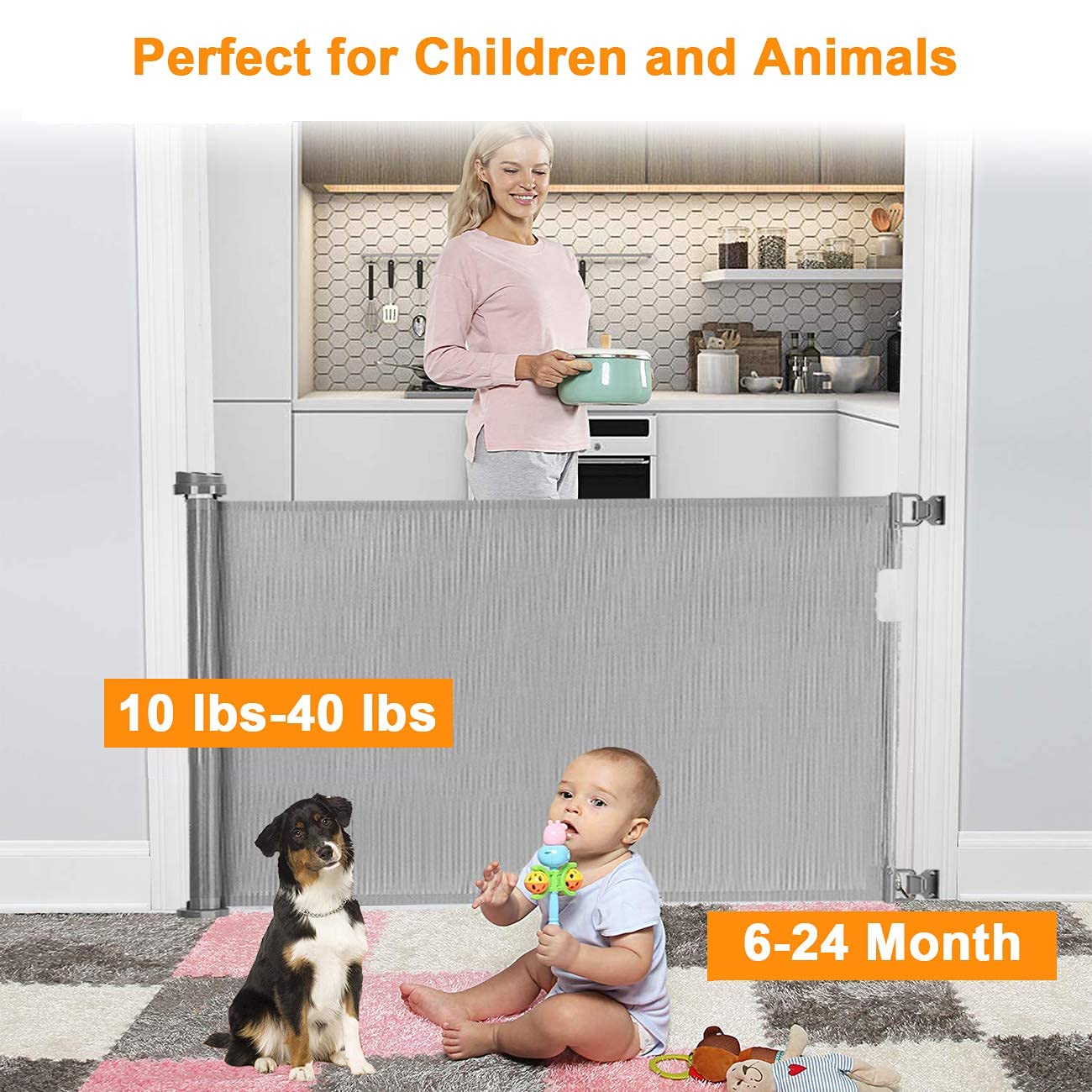 Wodondog Retractable Stair Gate for Baby, Extra Wider Safety Dog Gate 150cm, 86cm Tall, One Hand Operated Baby Gate for Stairways & Hallways, Indoor & Outdoor, Grey (150cm)