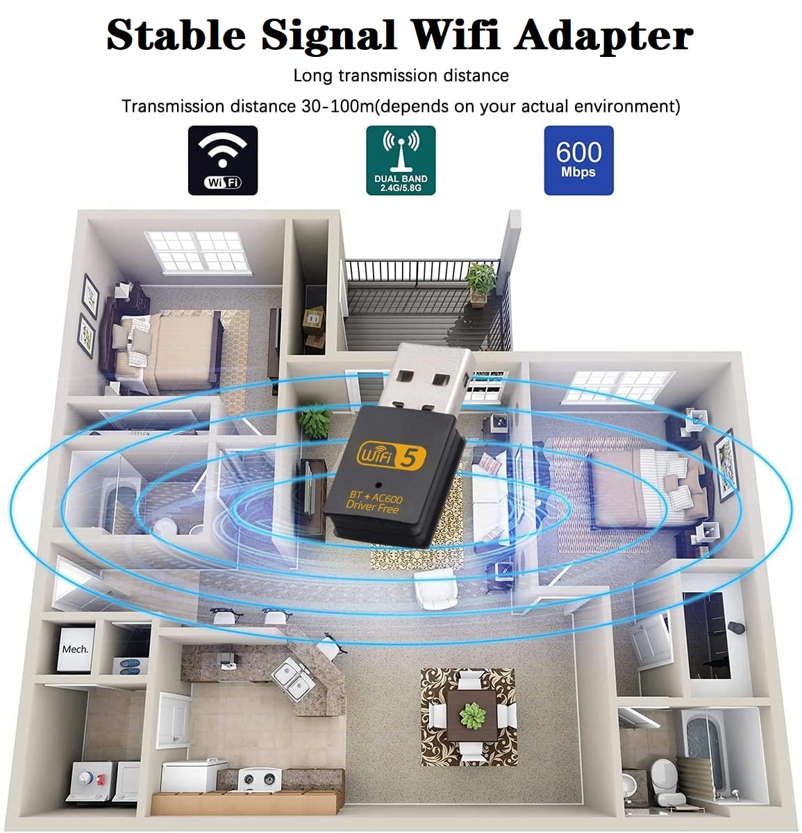 USB WiFi Bluetooth Adapter, 600mbps Wireless Wi-Fi Dongle Driver Free Dual Band 2.4G/5.8G USB Bluetooth Network Card WIFI Receiver for PC Laptop Desktop Windows XP/Vista/7/8/10