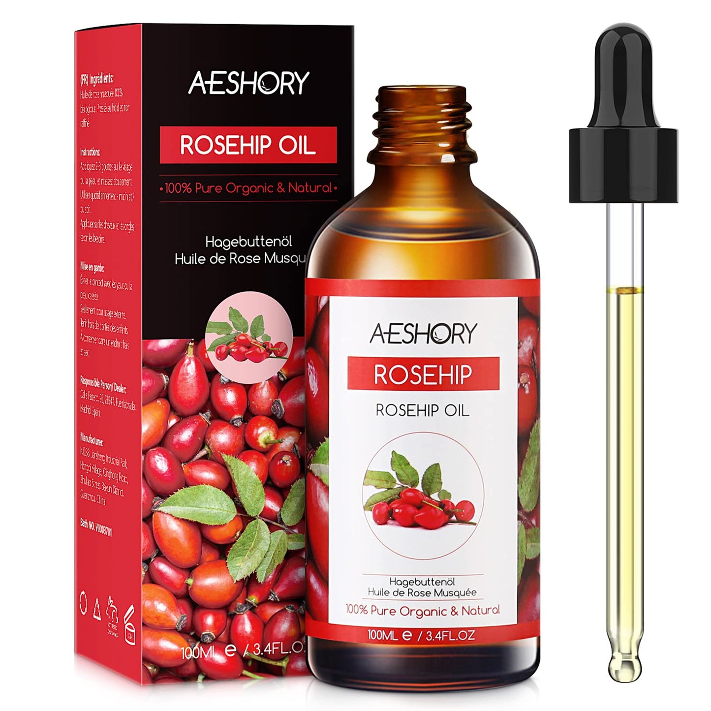 Aeshory Cold Pressed Rosehip Oil for Face 100ml, 100% Pure Natural Rosehip Seed Oil, Hydrating Nourishing & Moisturising for Skin, Hair, Nails, and Body