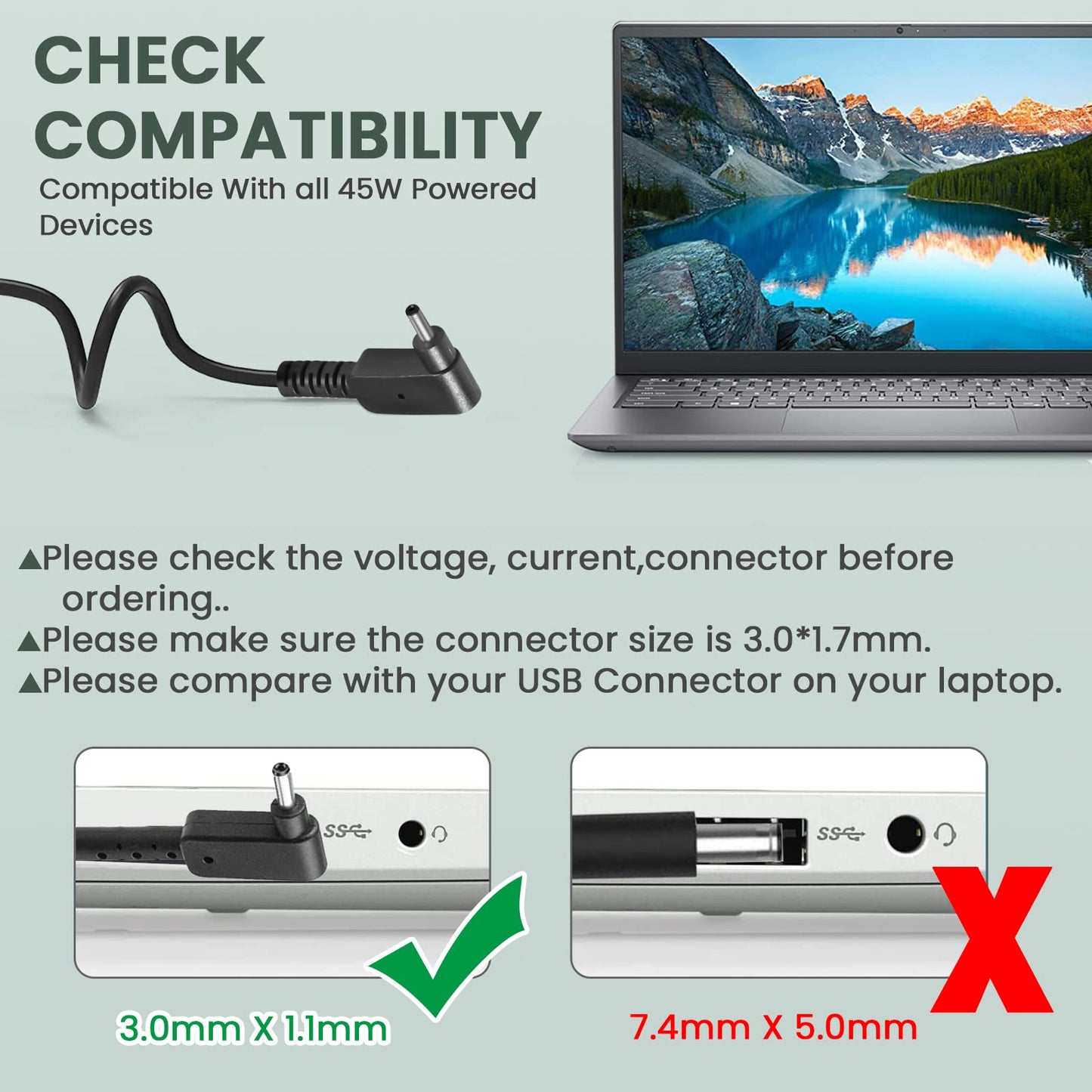 45W Charger Laptop Adapter for Acer Chromebook CB3 CB5 CB3-532 CB3-431 11 13 14 15 R11 A11-065N1A N16Q1 N15Q9 C731 C738T N15Q8 CB3-131 Power Supply Cord(3.0mm * 1.1mm) 3.0mm * 1.1mm