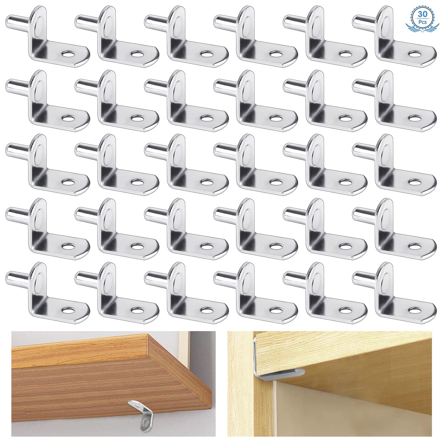 30Pcs Shelf Support Pegs 5mm L Shape Metal Bracket Pegs Shelf Bracket Pegs for Kitchen Nickel Plated Shelf Bracket Supports with Hole for Cabinet Wardrobe Furniture Wood Glass Shelves Supports