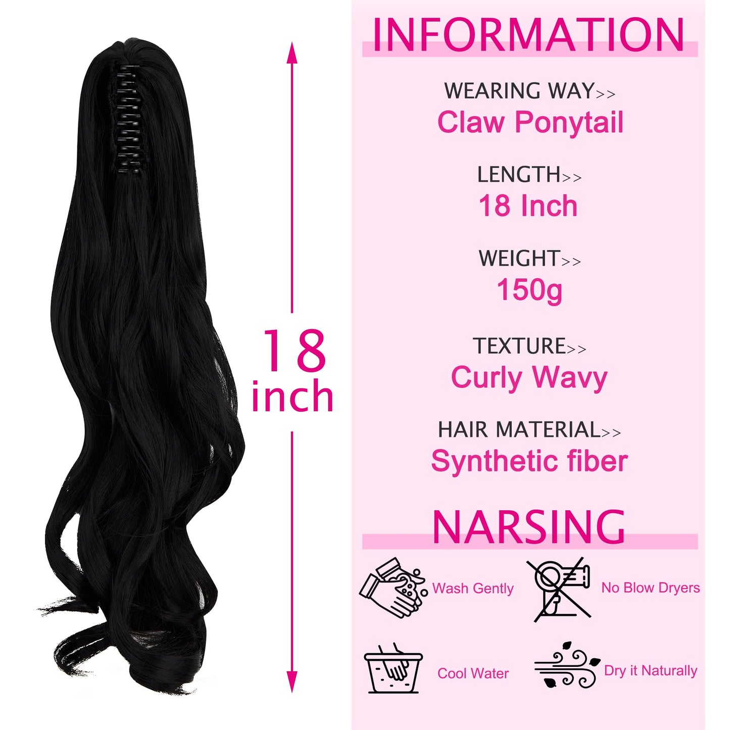 18 Inch Long Claw Ponytail Hair Extension One Piece Clip in Ponytail Jaw/Claw Synthetic Hairpieces Curly Wavy Ponytail Extensions (Dark Black) 18 Inch Dark Black