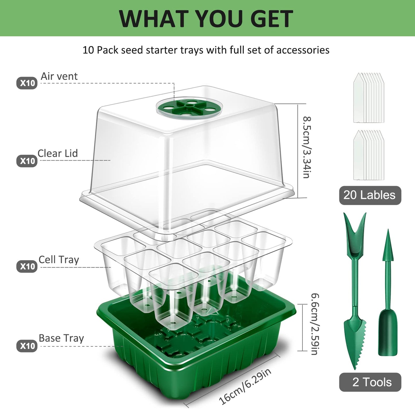 YAUNGEL Seed Trays, 10 Pack 120 Cells Propagator with Heightened Lids, Growing Thicken Seedling Starter Growing Trays with Adjustable Window for Greenhouse & Gardens, Green