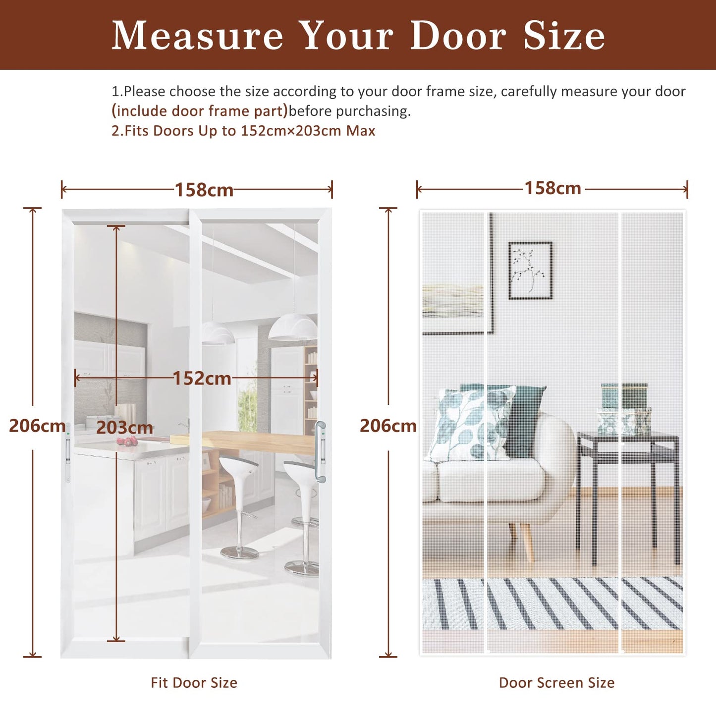 Yotache Fly Screen Door 158 x 206 cm, Reinforced Polyester Double Door Screen Curtain for Sliding Door Patio Door Keep Fly Bug Out, White