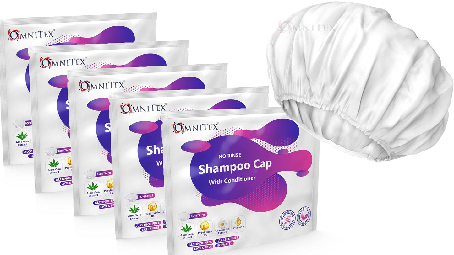 5pk - Omnitex Premium Rinse Free Shampoo Cap - Microwaveable | with Conditioner & Vitamins | Nourish & Protect with Herbal Extracts & Barrier Cream | No Water, No Parabens, Latex Free, Alcohol Free 1 count (Pack of 5)