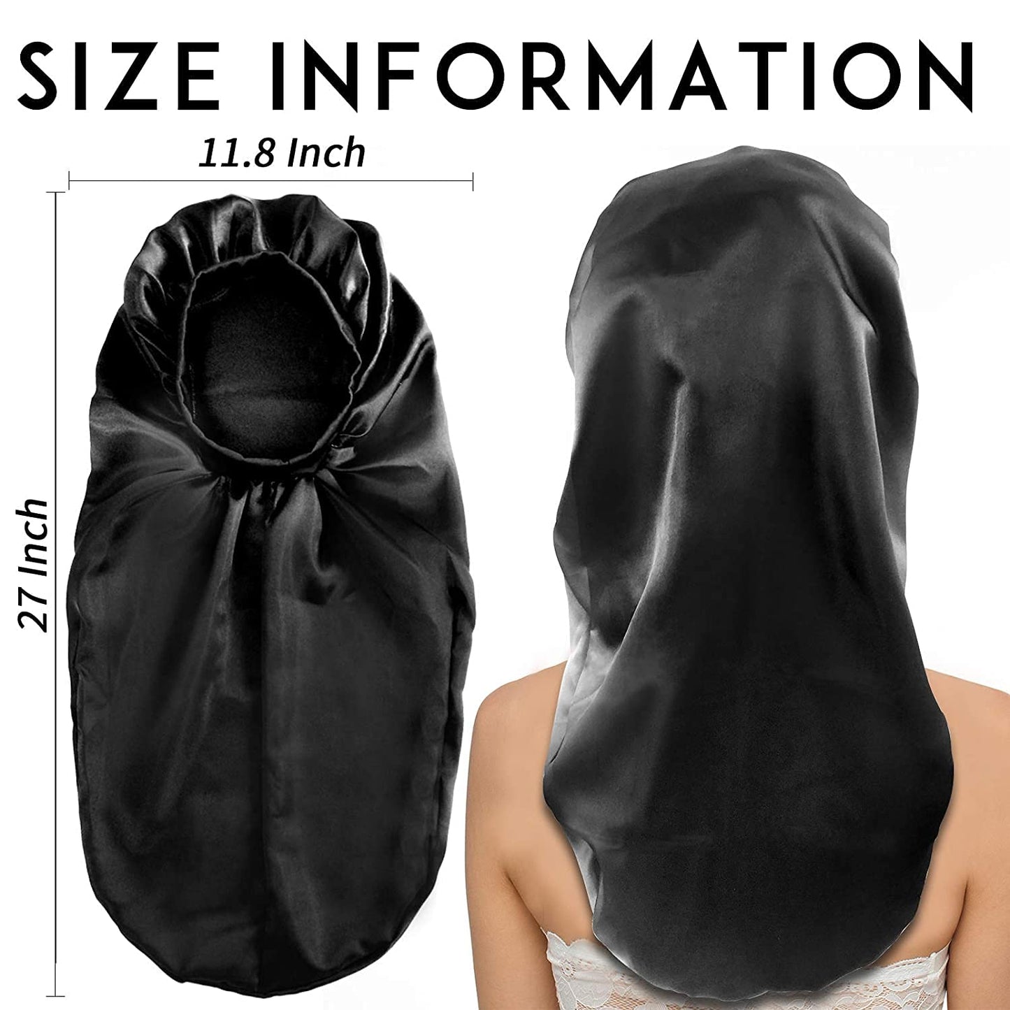 2Pcs Long Satin Hair Bonnets, Extra Large for Long Hair, Soft & Comfortable Elastic Band Bonnets for Women's Night Sleep, Satin (Black + Green Pattern) L Black+Green Pattern